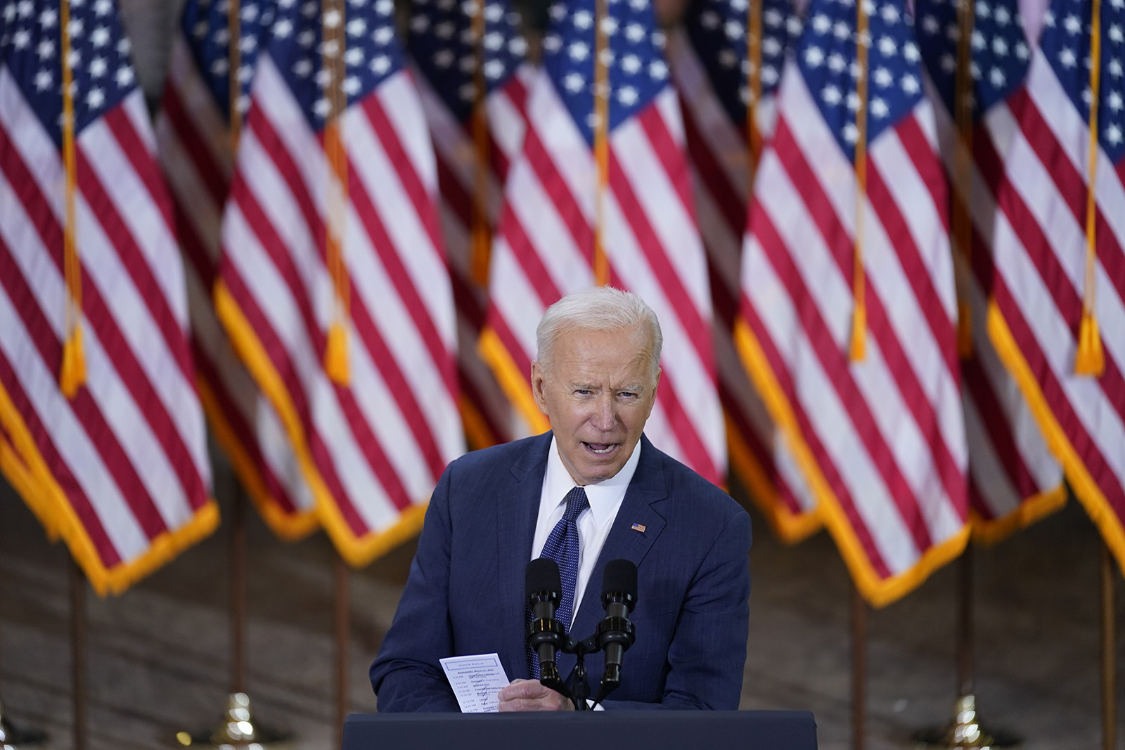 President Joe Biden delivers a speech on infrastructure spending at Carpenters Pittsburgh Training Center on Wednesday, March 31, in Pittsburgh. 