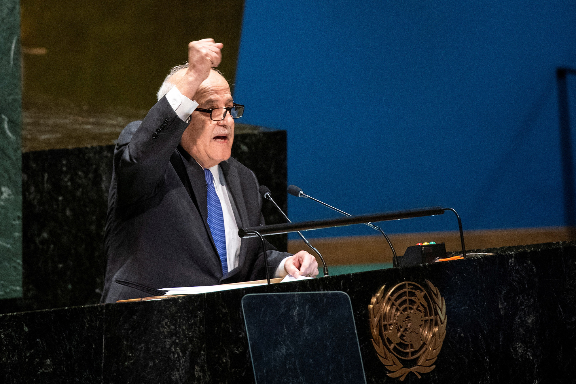 Palestinian Ambassador to the United Nations Riyad Mansour gestures to delegates after addressing them during the UN General Assembly in New York, on May 10.