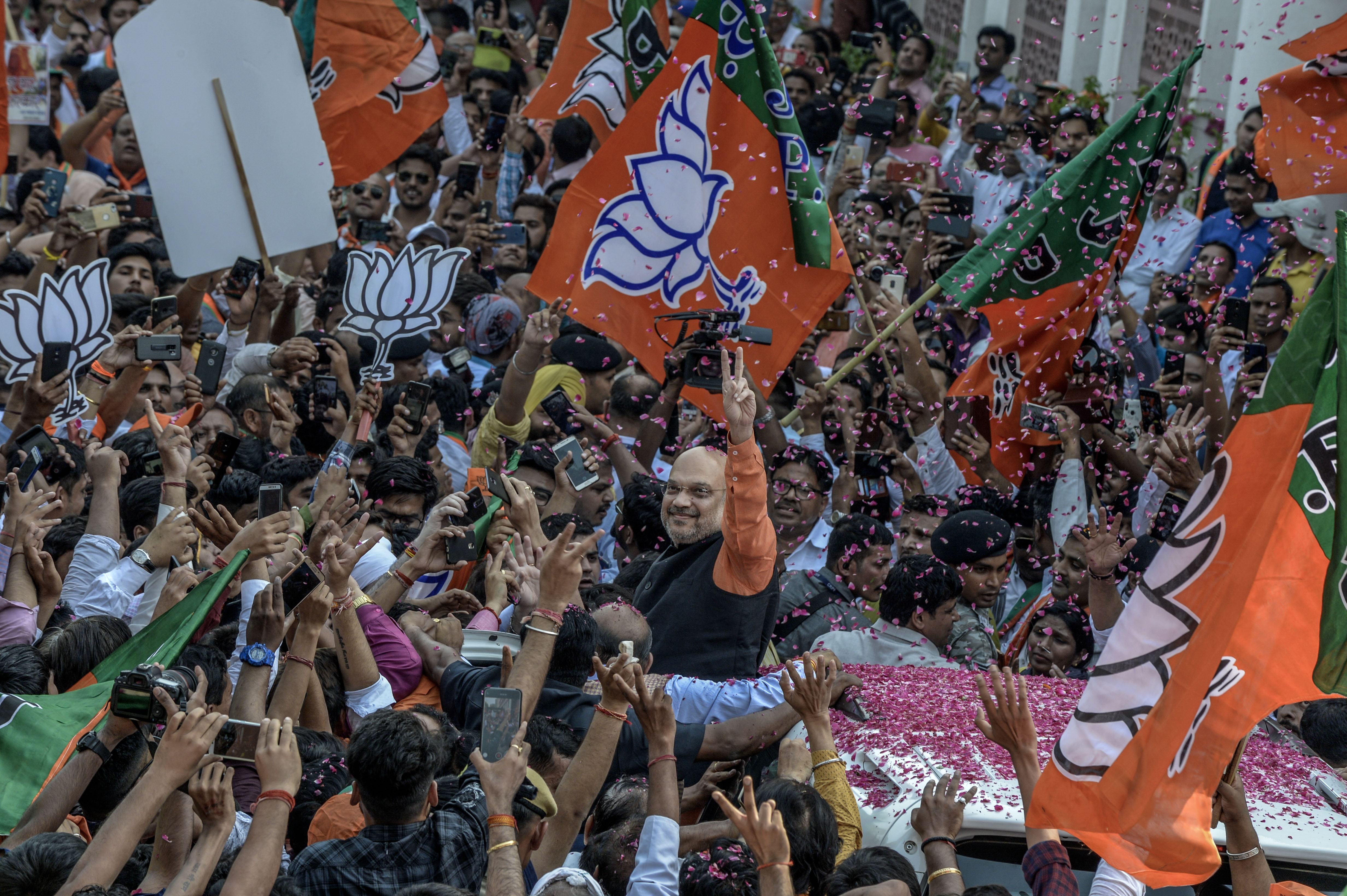 Amit Shah, president of Bharatiya Janata Party (BJP), waves at workers on May 23, 2019 in New Delhi, India.
