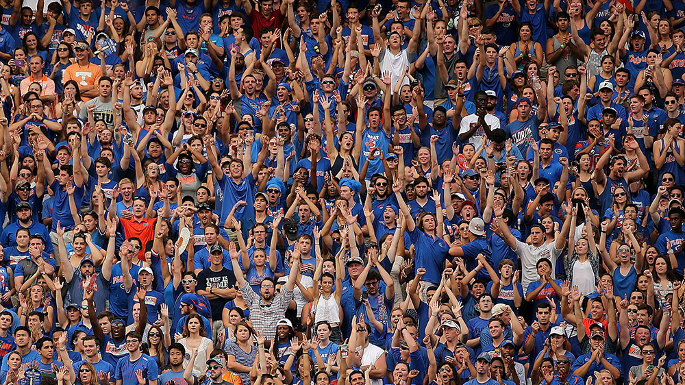 In this September 26, 2015 file photos, Florida Gators fans cheer during a game against the Tennessee Volunteers at Ben Hill Griffin Stadium in Gainesville, Florida.