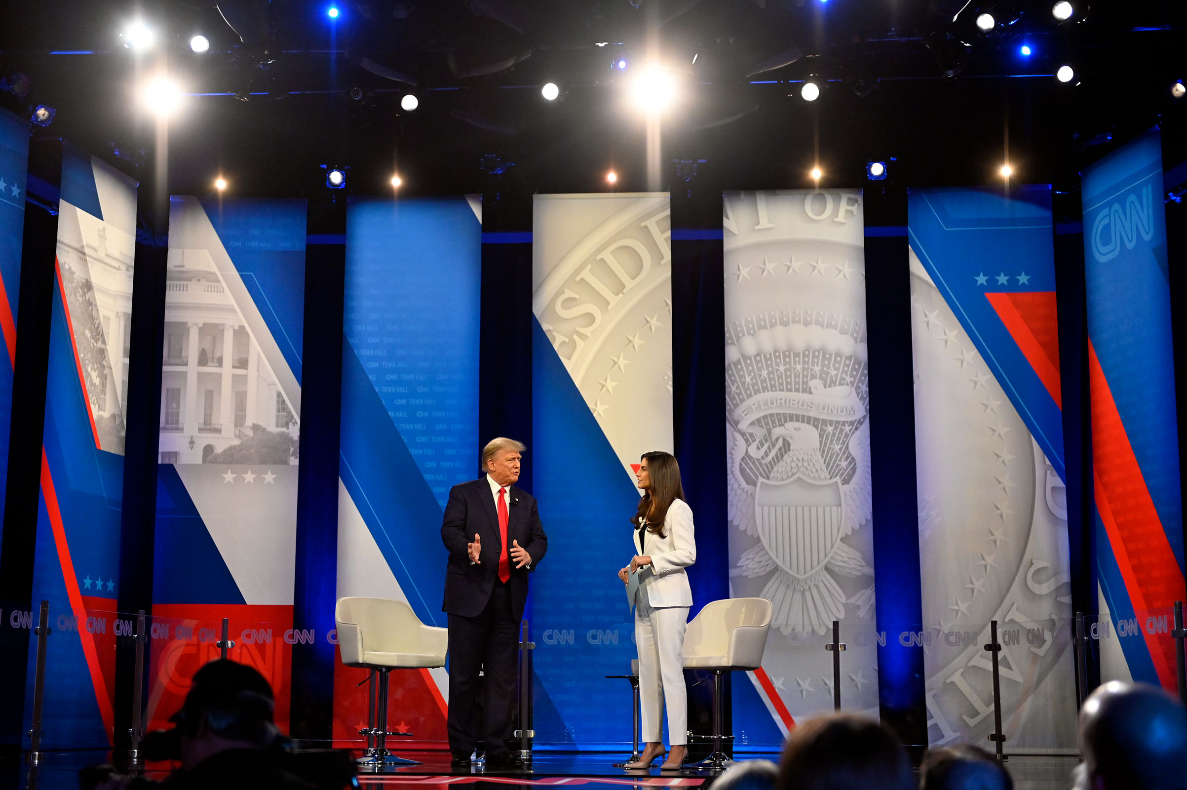 Former President Donald Trump speaks to CNN’s Kaitlan Collins in a CNN Republican Town Hall at St. Anselm College in Manchester, New Hampshire, on Wednesday, May 10, 2023.
