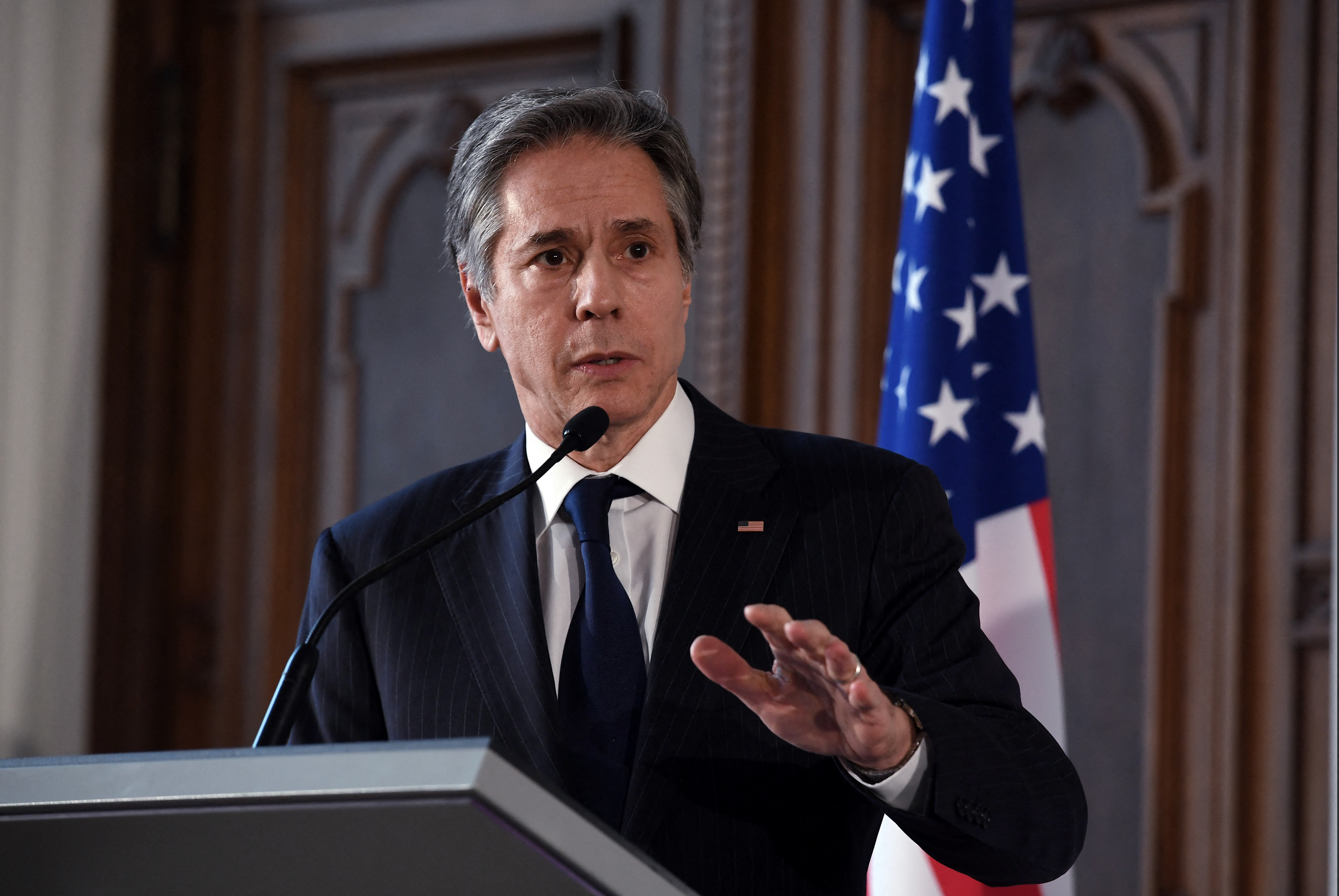 US Secretary of State Antony Blinken speaks during a press conference at the Latvian National Museum of Art in Riga, Latvia, on March 7.