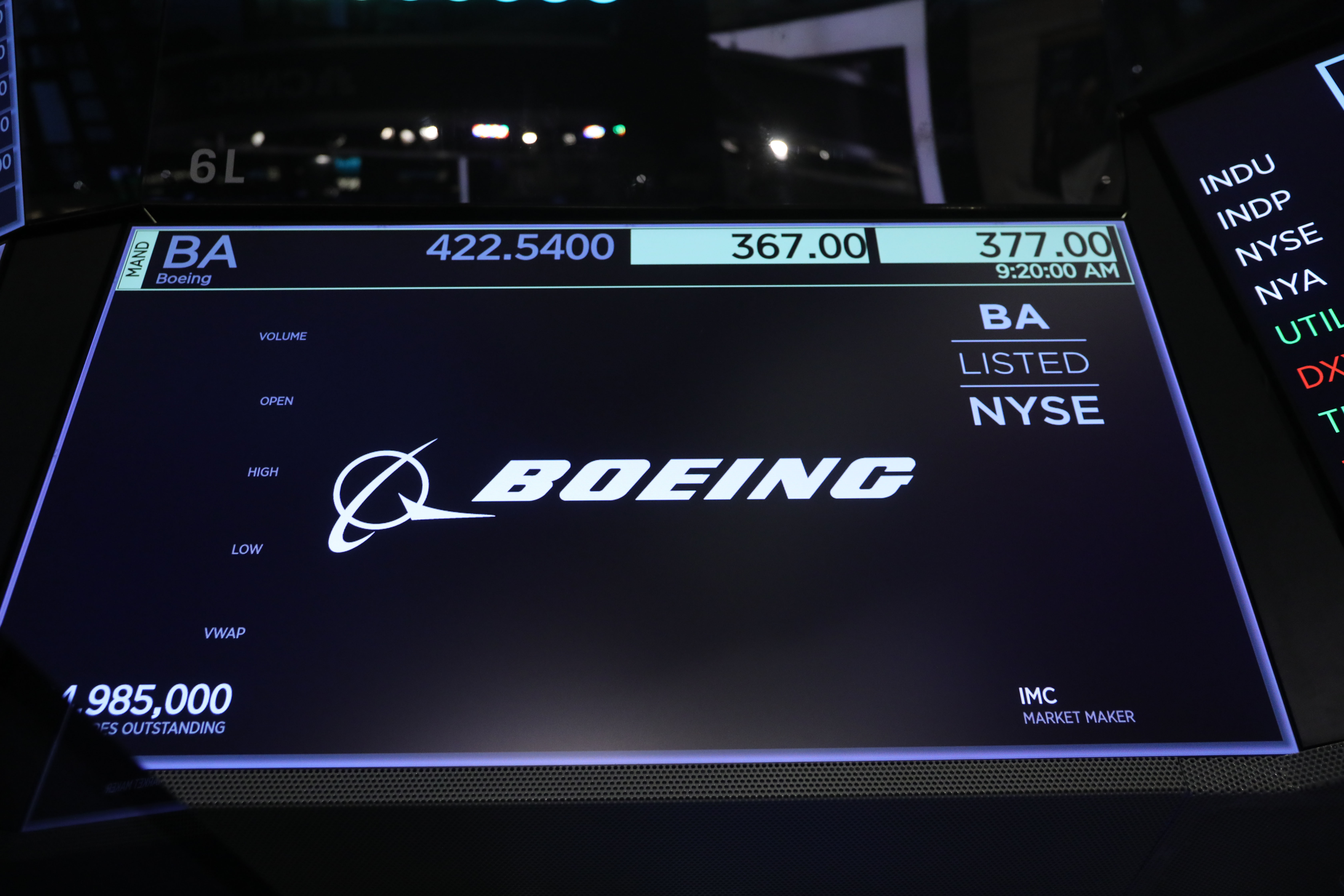 A Boeing stock sign is displayed on a screen on the floor of the New York Stock Exchange on March 11.