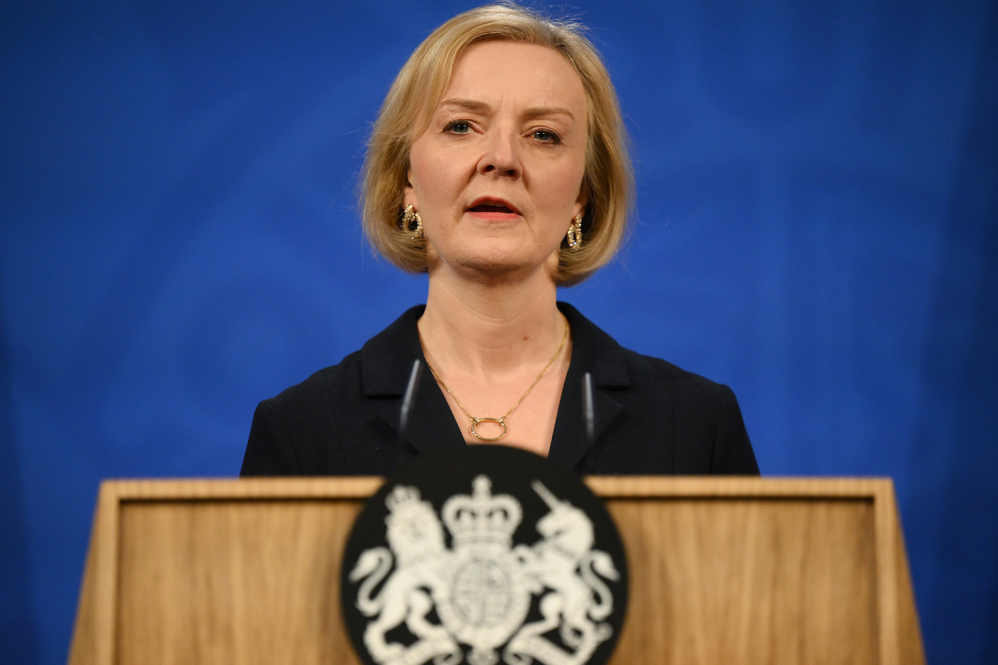Britain's Prime Minister Liz Truss holds a press conference in the Downing Street Briefing Room on October 14, in London, England. 