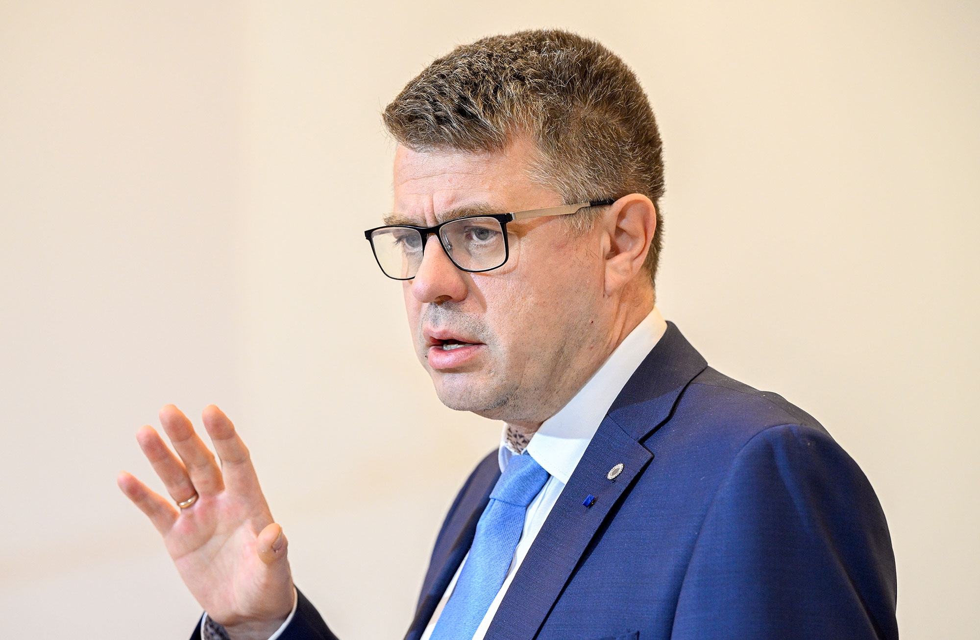 Estonian Foreign Minister Urmas Reinsalu speaks at a meeting in Prague, Czech Republic, on August 31.