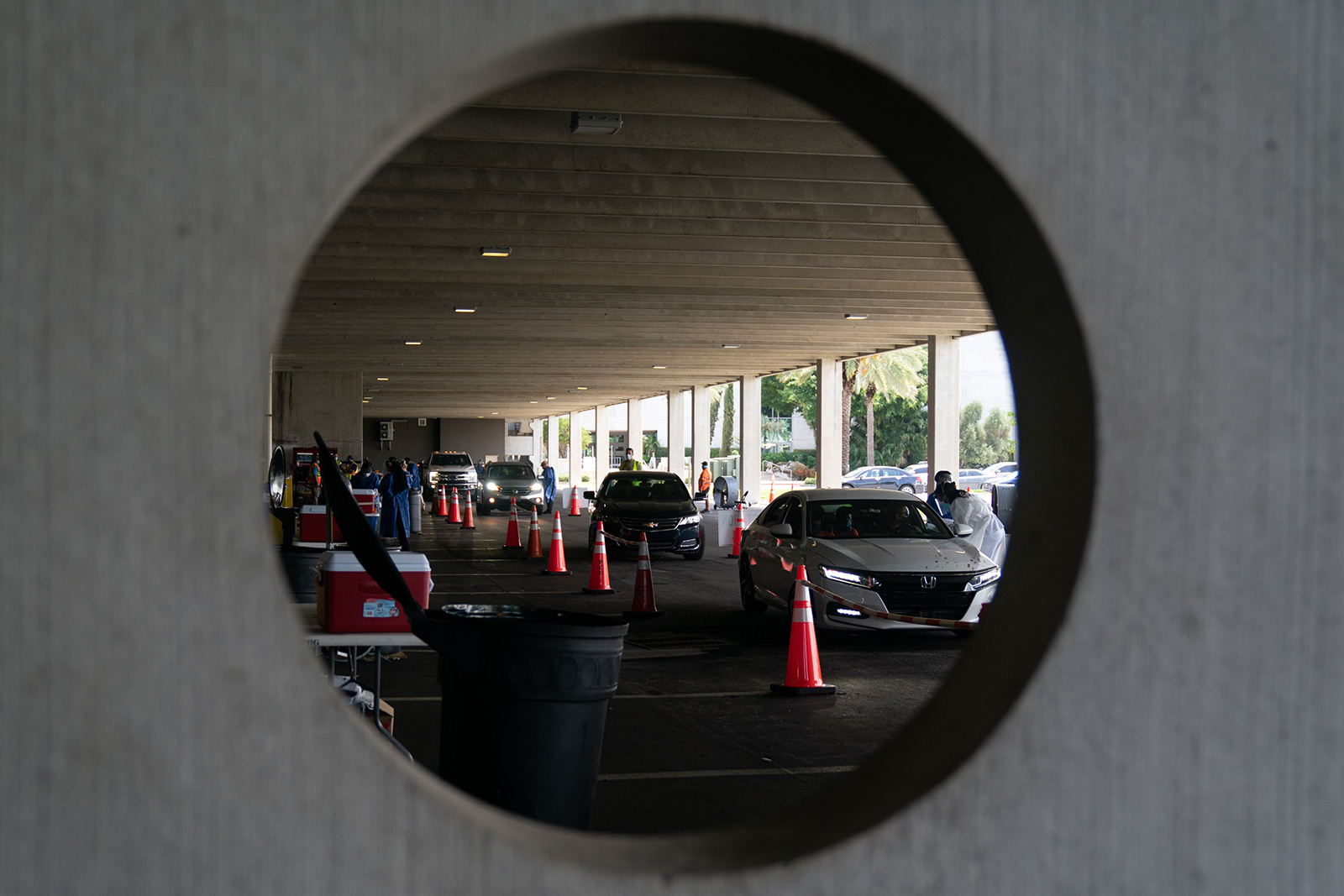 People get tested for Covid-19 at a drive-thru testing site at the Mahaffey Theater in St. Petersburg, Florida, on July 24. 