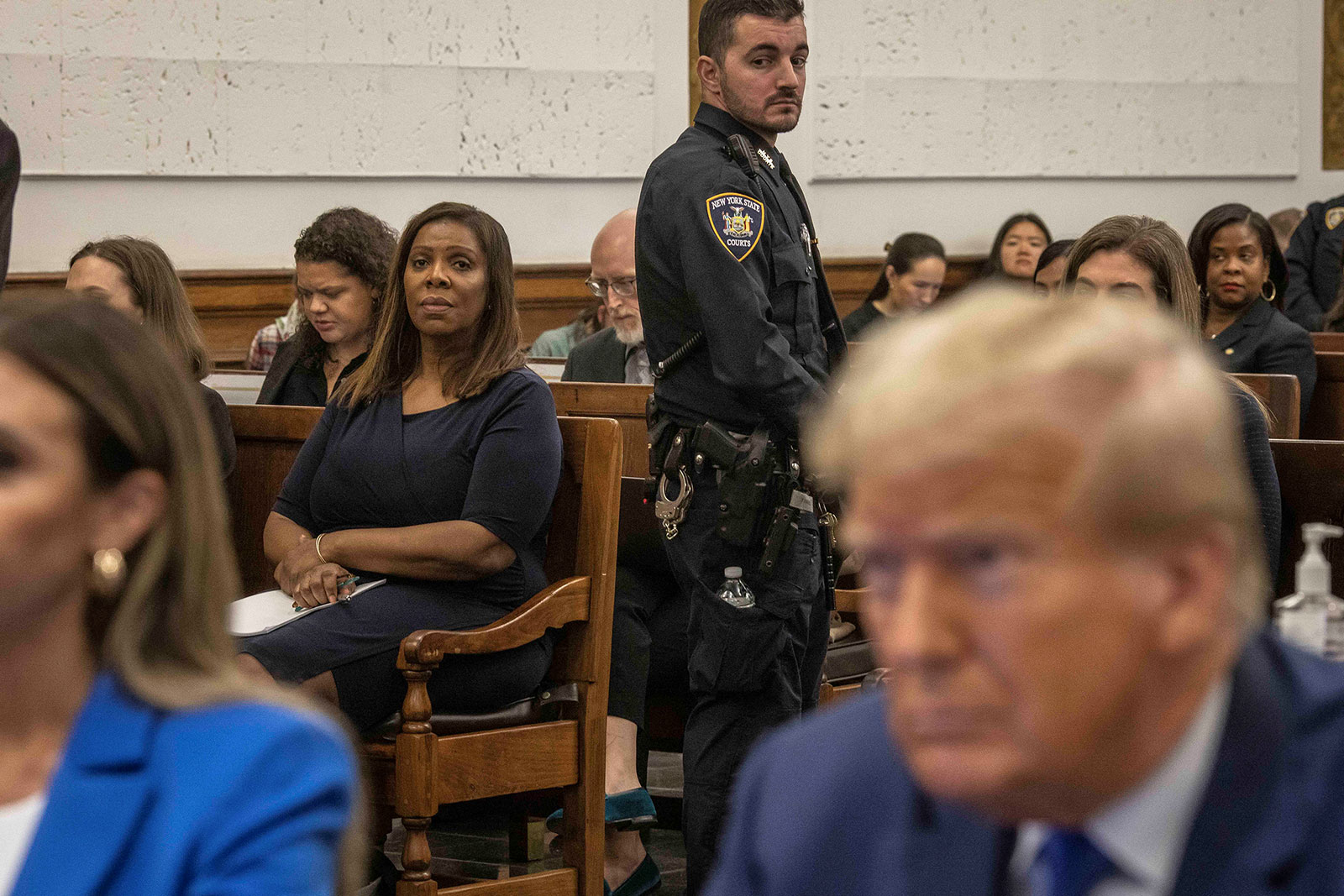 New York Attorney General Letitia James looks on at the start of former President Donald Trump’s civil fraud trial on Wednesday.