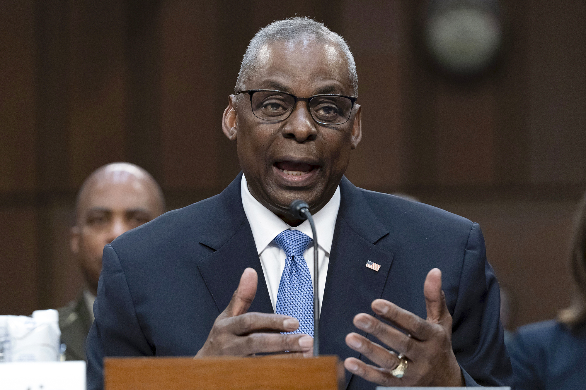 Secretary of Defense Lloyd Austin testifies before Senate Committee on Armed Services during a hearing at Capitol Hill in Washington D.C., on April 9.