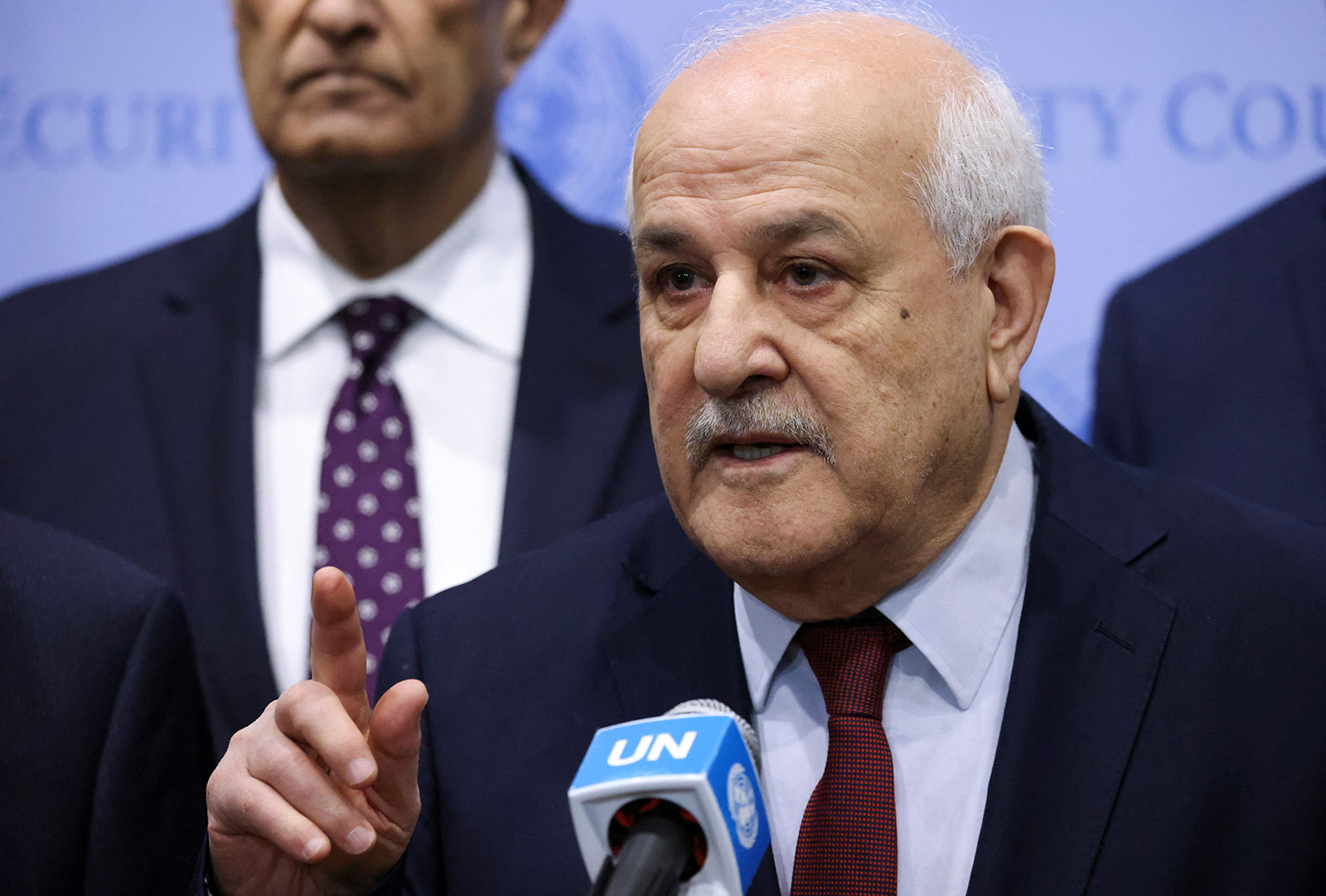Palestinian Ambassador to the United Nations Riyad Mansour speaks with the media in New York City, on March 25. 