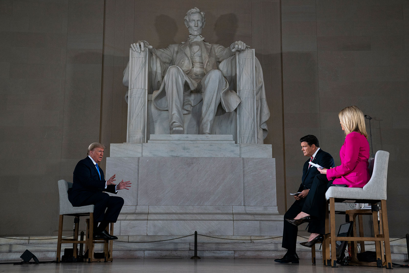 US President Donald Trump speaks during a Fox News virtual town hall from the Lincoln Memorial on Sunday in Washington.
