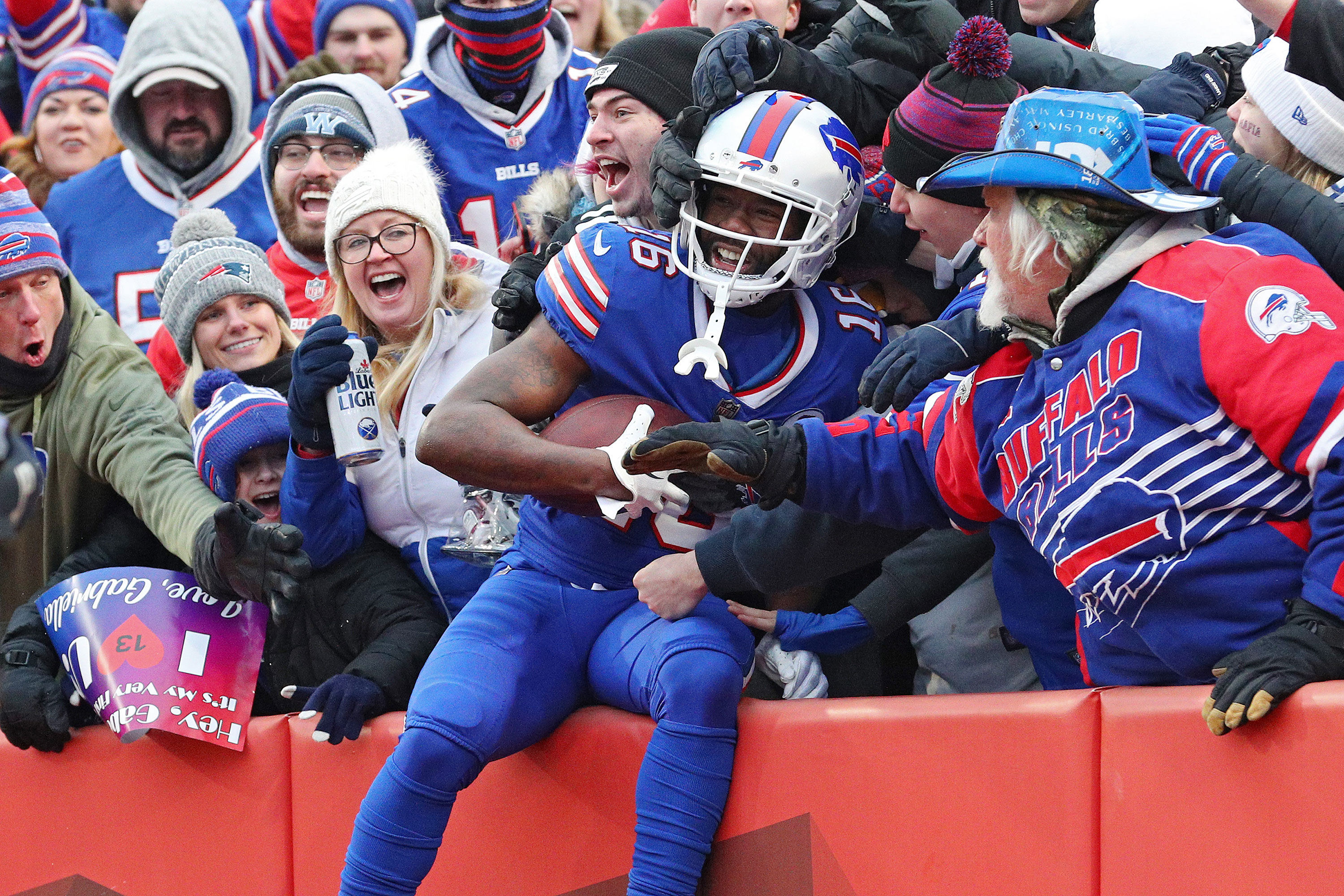 John Brown celebrates with Bills fans after catching a touchdown pass on Sunday.