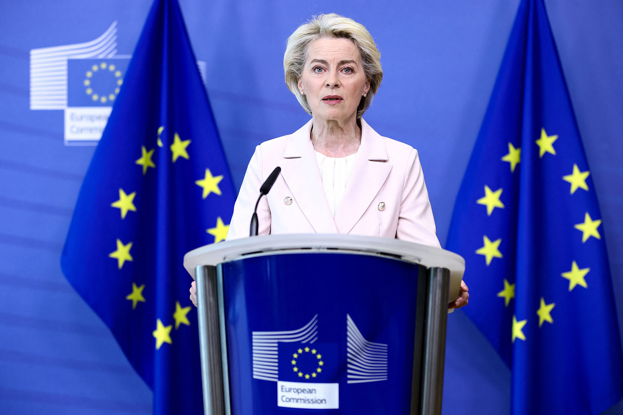 European Commission President Arsula van der Leyen issued a statement on April 27 in Brussels, Belgium, following a decision by Russian energy giant Gazprom to suspend gas supplies to Poland and Bulgaria.