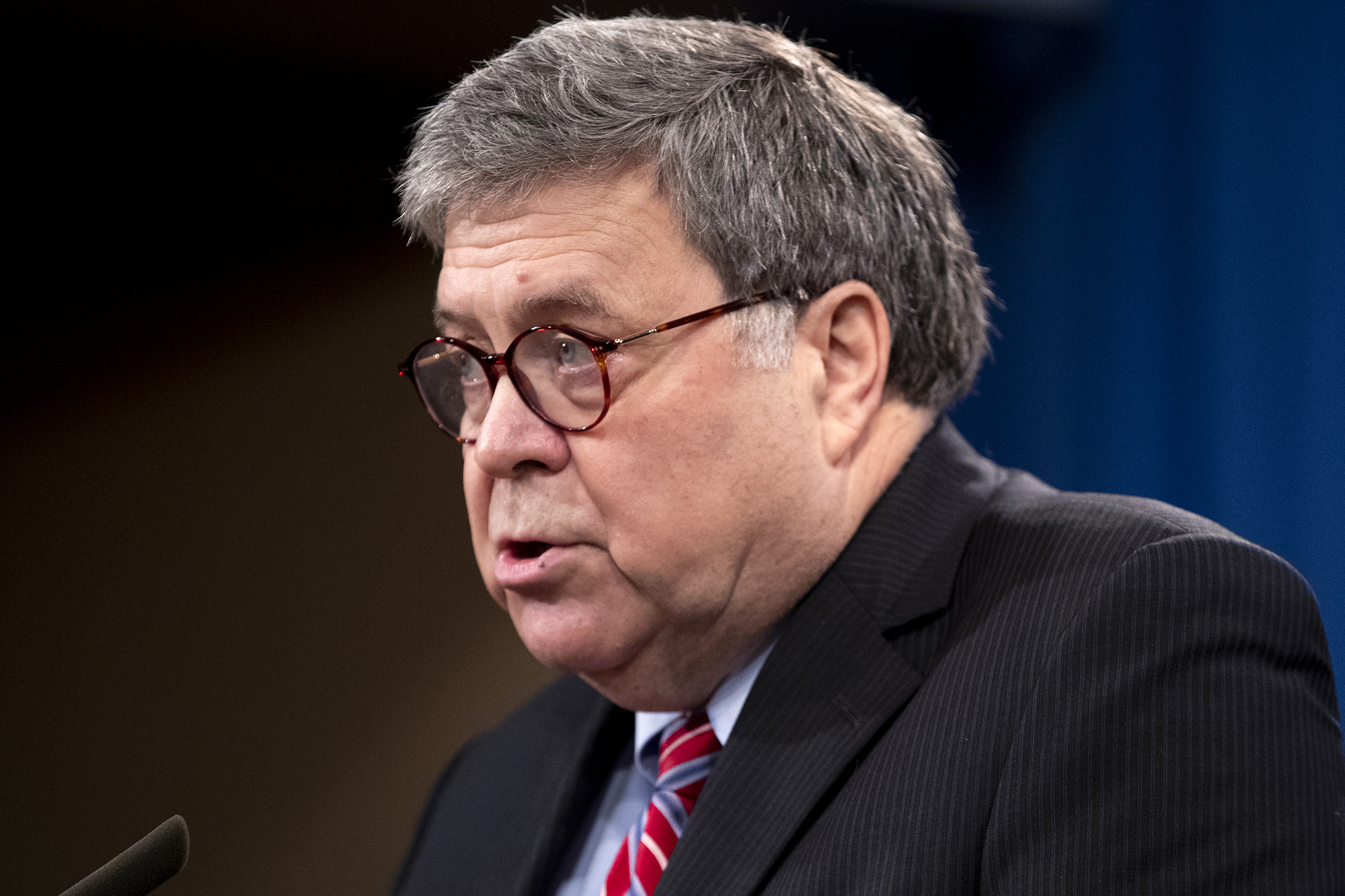 William Barr speaks at a news conference in 2020. 