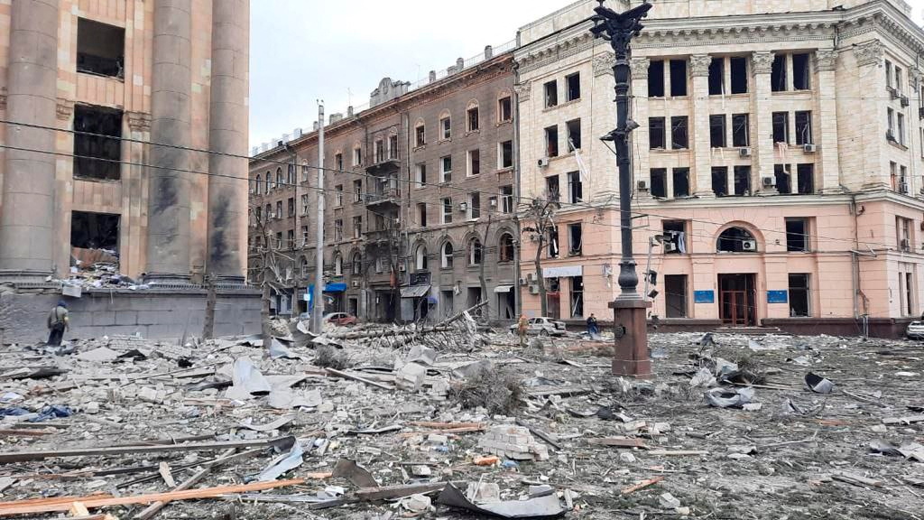 The area near the regional administration building in Kharkiv, Ukraine, which was hit by a missile according to city officials, in this handout picture released on March 1.
