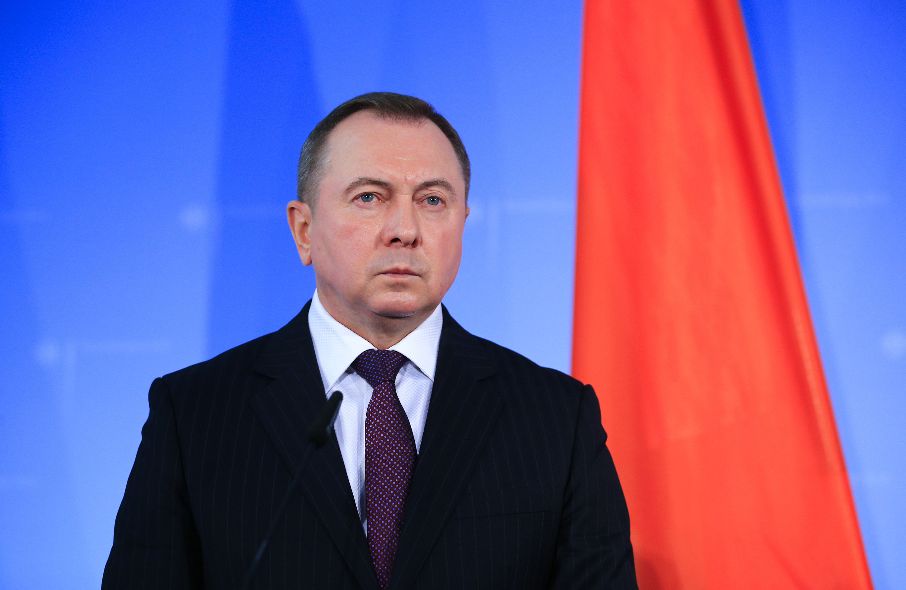 Belarusian Foreign Minister Vladimir Makei attends a press conference in 2019.