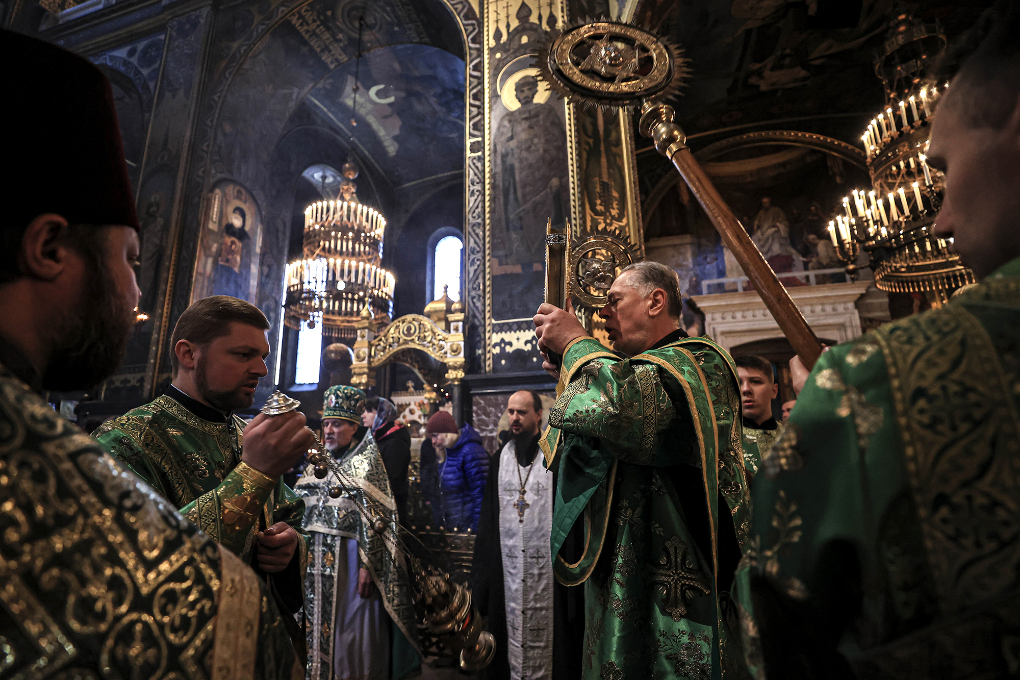 Orthodox worshippers attend Palm Sunday mass at St. Volodymyr's Cathedral in Kyiv, Ukraine, on Sunday, April 17. Ukrainian Orthodox worshippers celebrated Palm Sunday and other Christian denominations celebrated Easter, amid the ongoing war.  