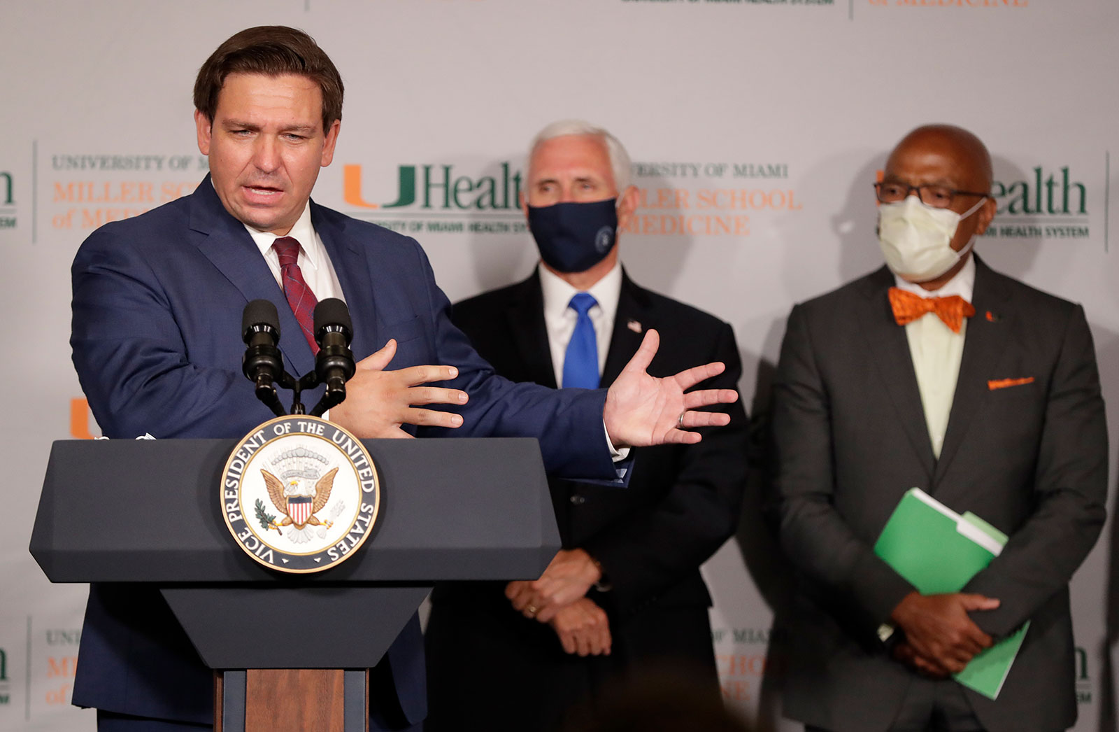 Florida Gov. Ron DeSantis speaks during a news conference at the University of Miami Miller School of Medicine on Monday, July 27.