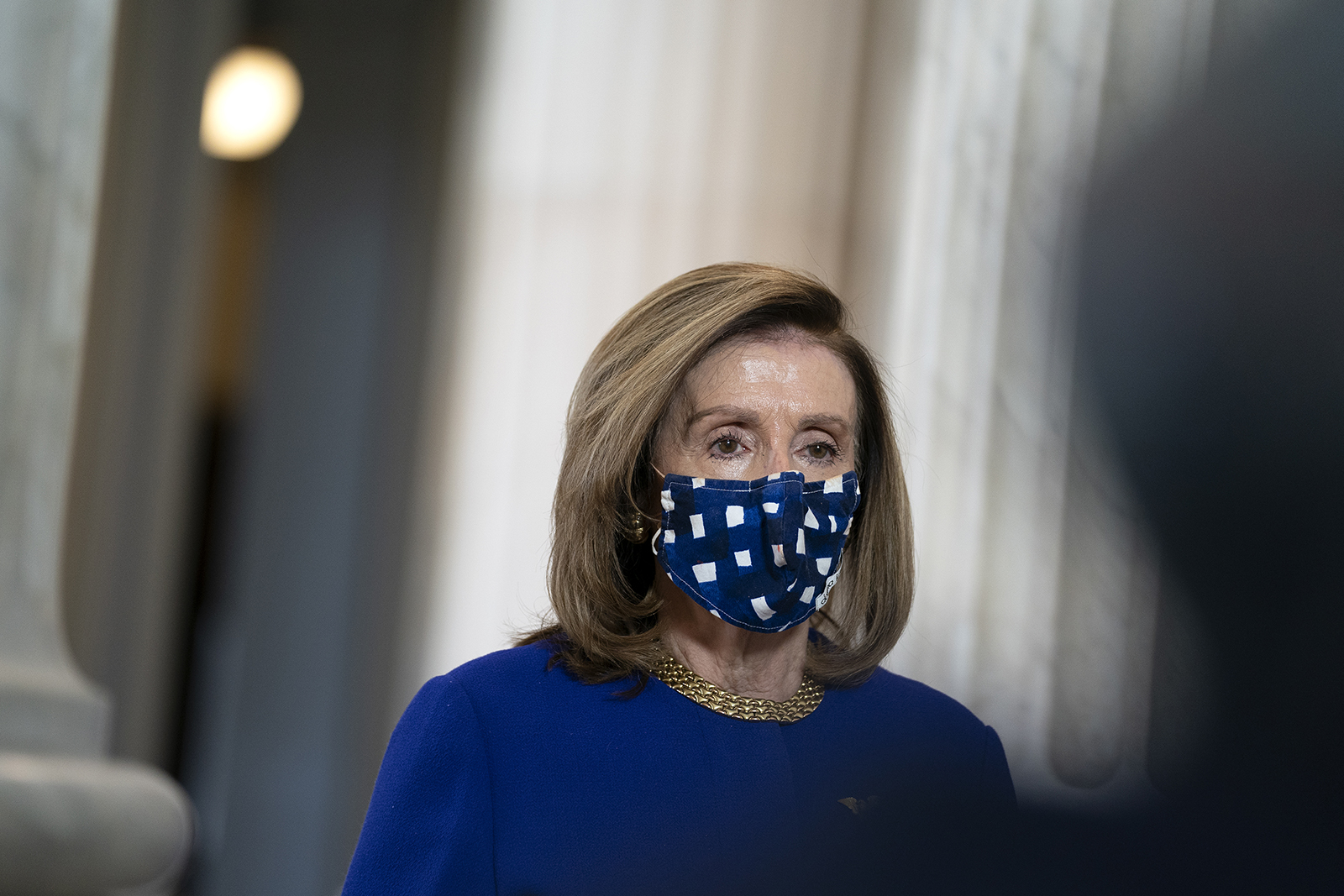 US House Speaker Nancy Pelosi, speaks during a television interview at the Russell Senate Office Building in Washington, DC, on October 9.