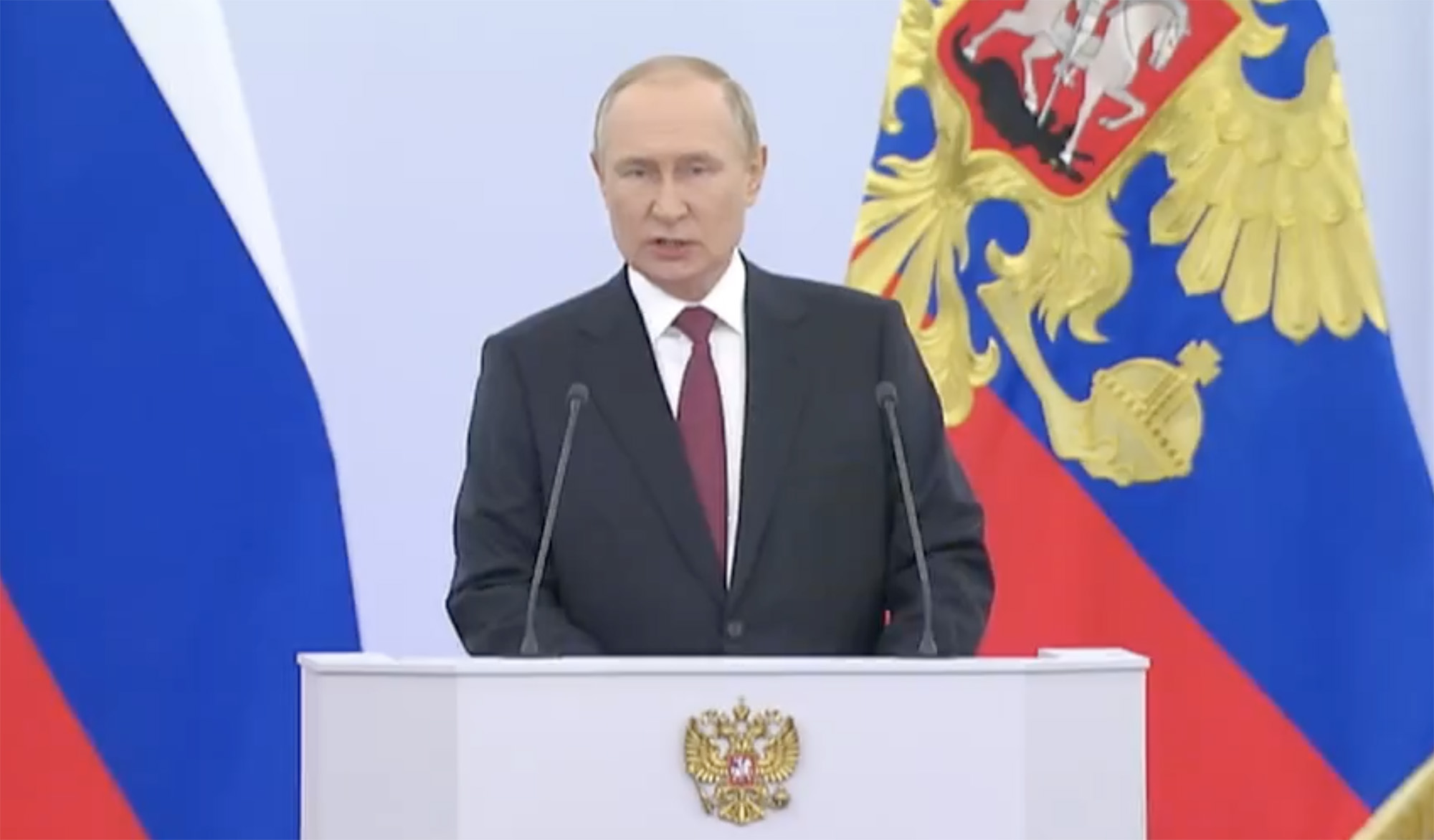 Russian President Vladimir Putin gives a speech in Moscow on September 30.