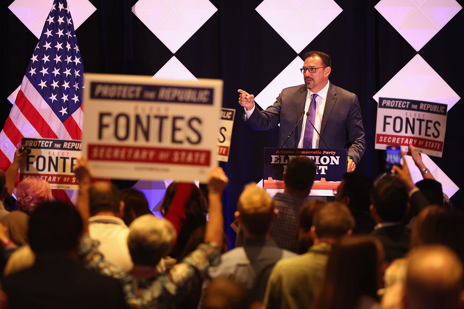 Adrian Fontes speaks at an election night watch party in Phoenix on November 8. 