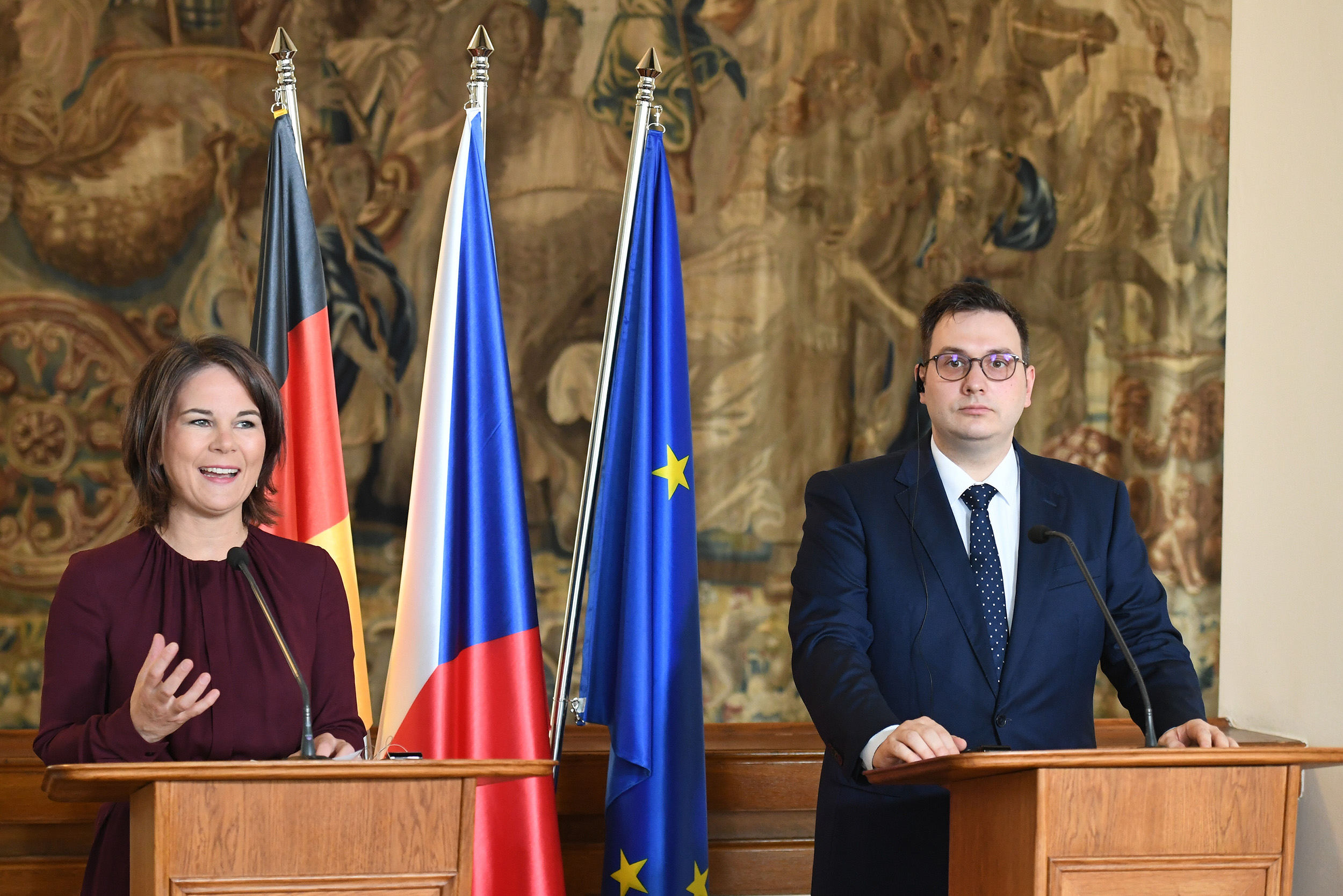 German Minister of Foreign Affairs Annalena Baerbock, left, and her Czech counterpart Jan Lipavsky speak during a press conference, on July 26, in Prague, Czech Republic.