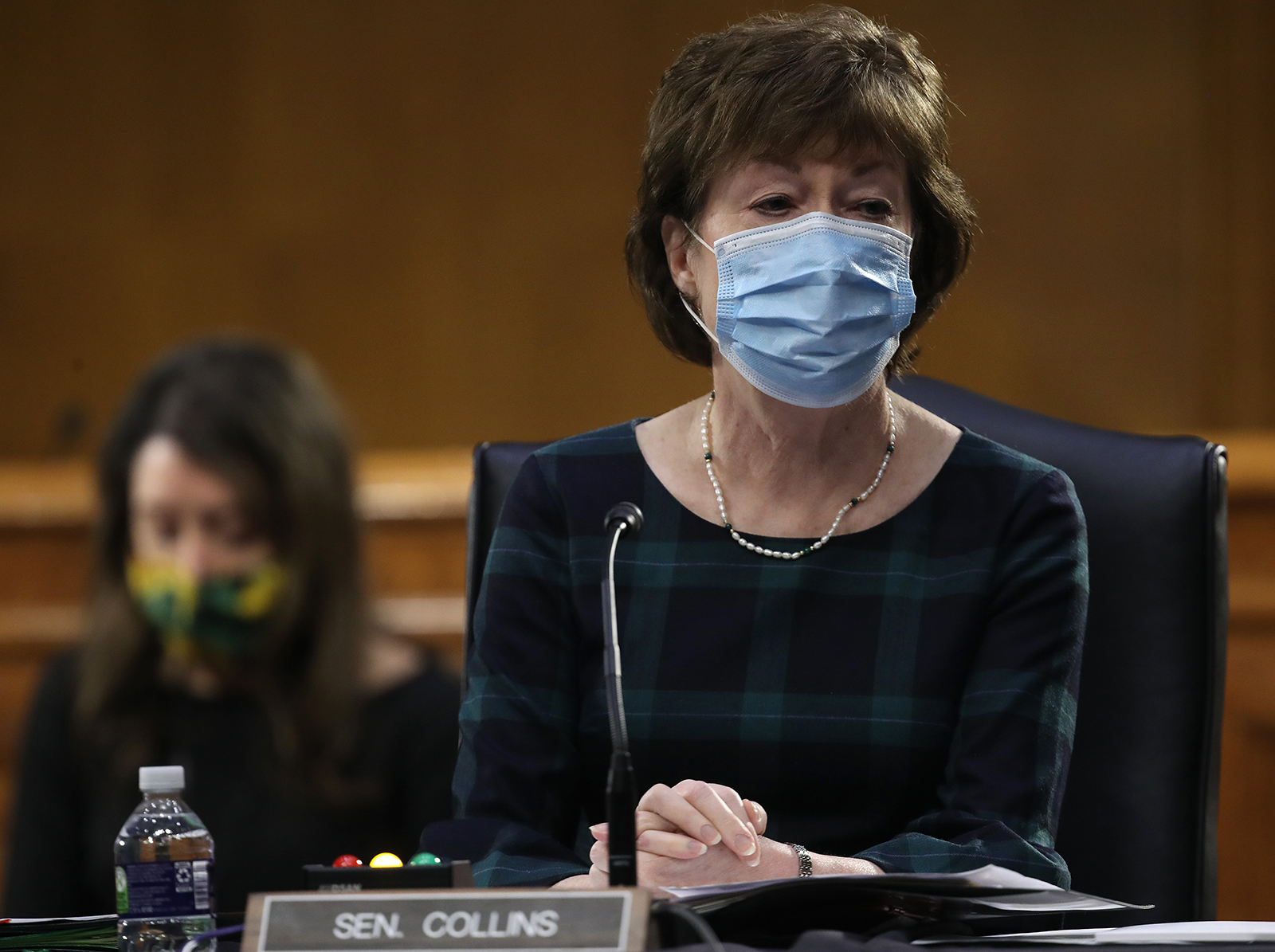 Susan Collins wears a mask while participating in a Senate Health, Education, Labor and Pensions Committee hearing on Capitol Hill on May 12 in Washington.