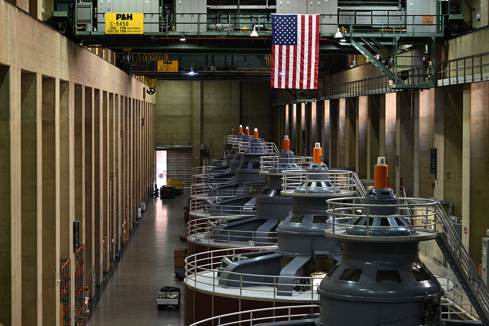 The turbine room is part of the system to generate hydroelectricity at the Hoover Dam.