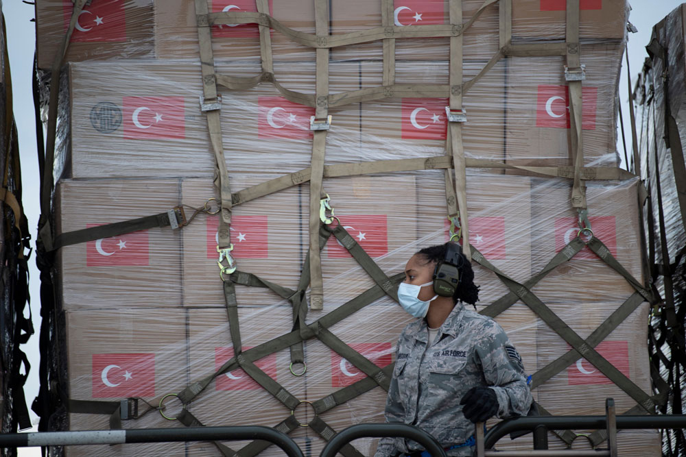 A Turkish military carago plane with medical supplies and protective equipment to combat the coronavirus in the US is unloaded at Andrews Air Force Base on April 28 in Maryland.
