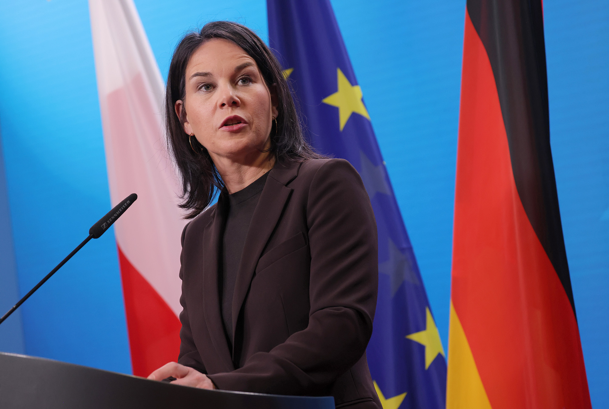 German Foreign Minister Annalena Baerbock speaks to the media at the Foreign Ministry in Berlin, Germany, on January 30.