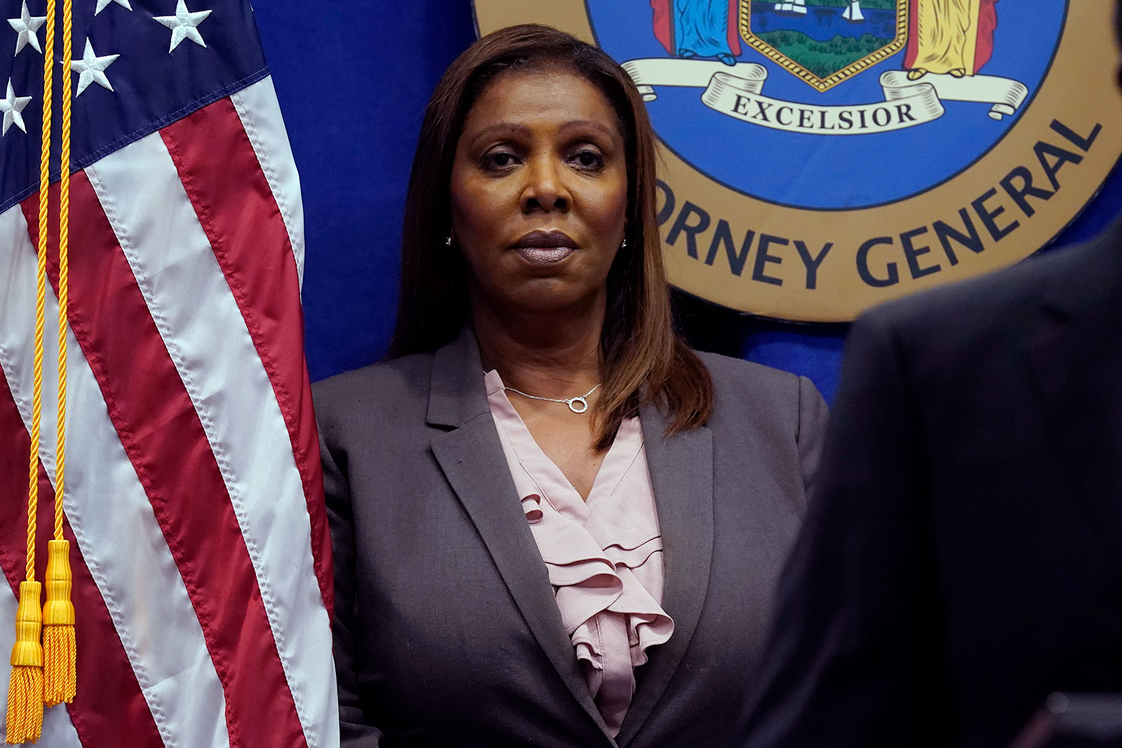 New York Attorney General Letitia James looks on during a press conference in New York on May 21.