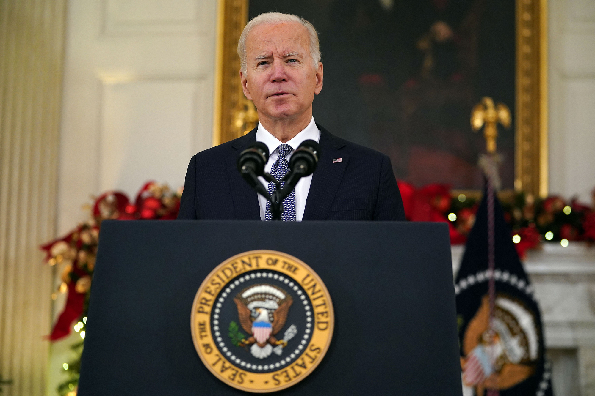 US President Joe Biden speaks about the November Jobs Report from the State Dining Room of the White House in Washington, DC, on December 3rd, 2021. 