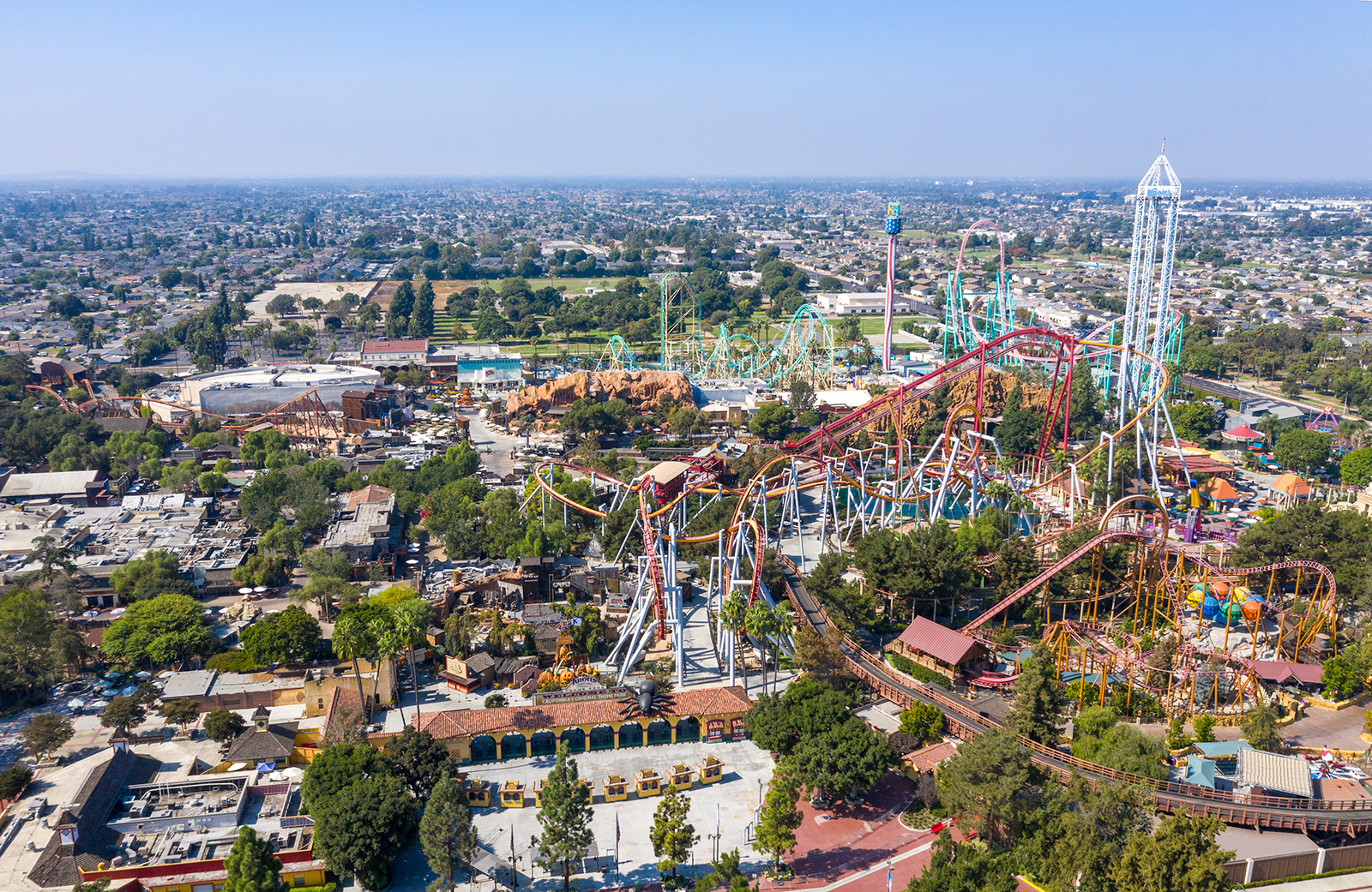 An aerial view of a closed Knott's Berry Farm in Buena Park, California, on October 20, 2020.
