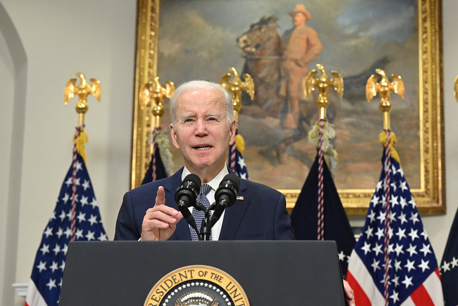 US President Joe Biden speaks about the US banking system today in the Roosevelt Room of the White House in Washington, DC. 