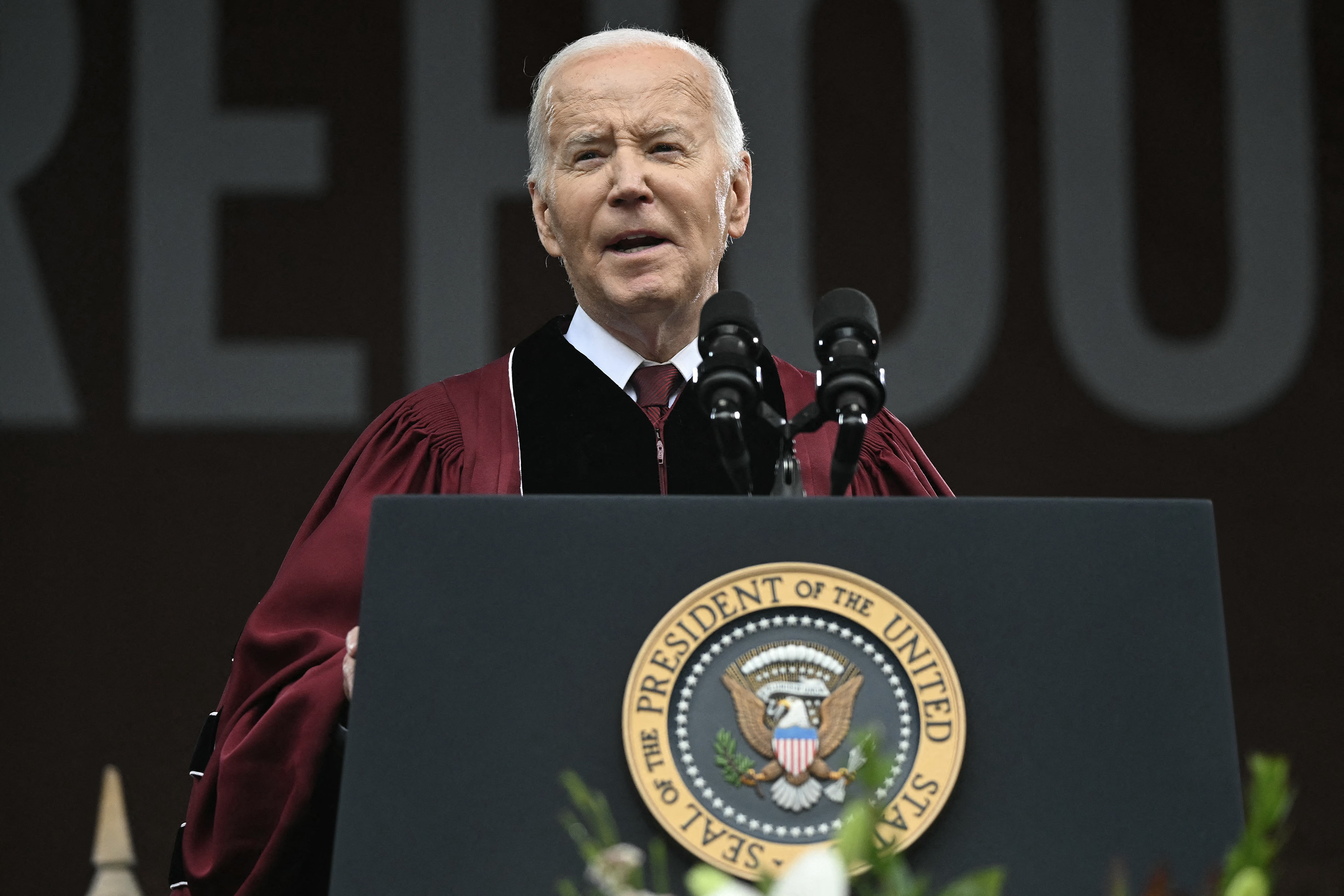 President Joe Biden delivers a commencement address at Morehouse College in Atlanta on May 19.