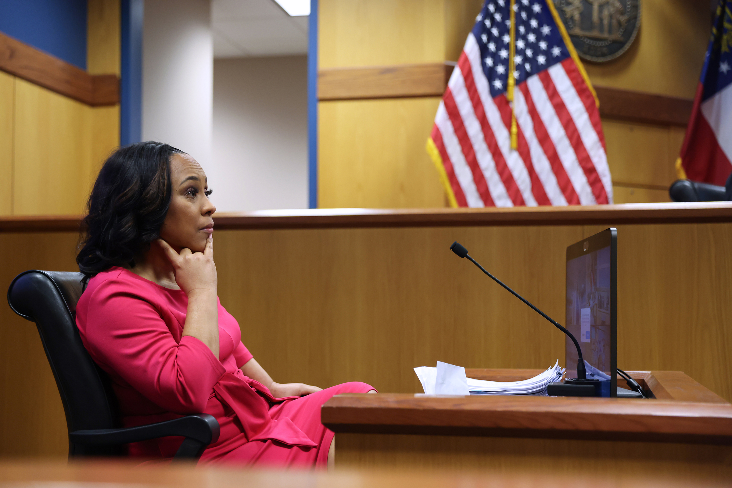 Fulton County District Attorney Fani Willis takes the stand during a hearing in the case of the State of Georgia v. Donald John Trump at the Fulton County Courthouse on February 15, in Atlanta. 
