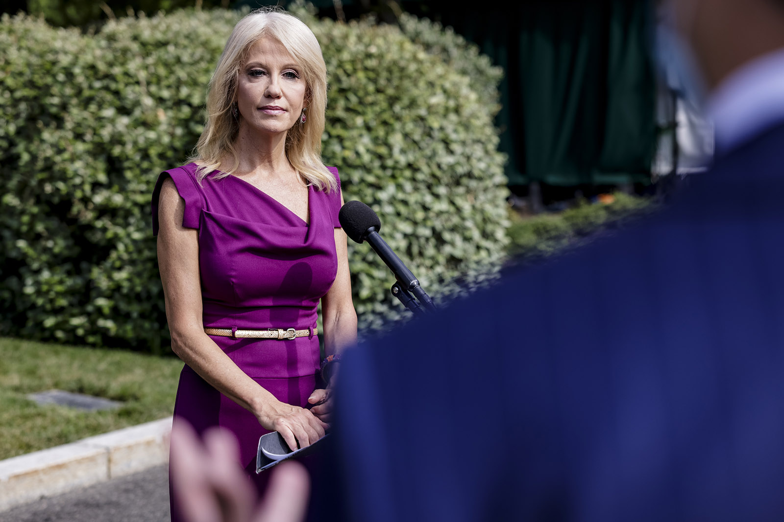 Kellyanne Conway, counselor to President Donald Trump, speaks to reporters outside of the West Wing of the White House on August 6 in Washington.