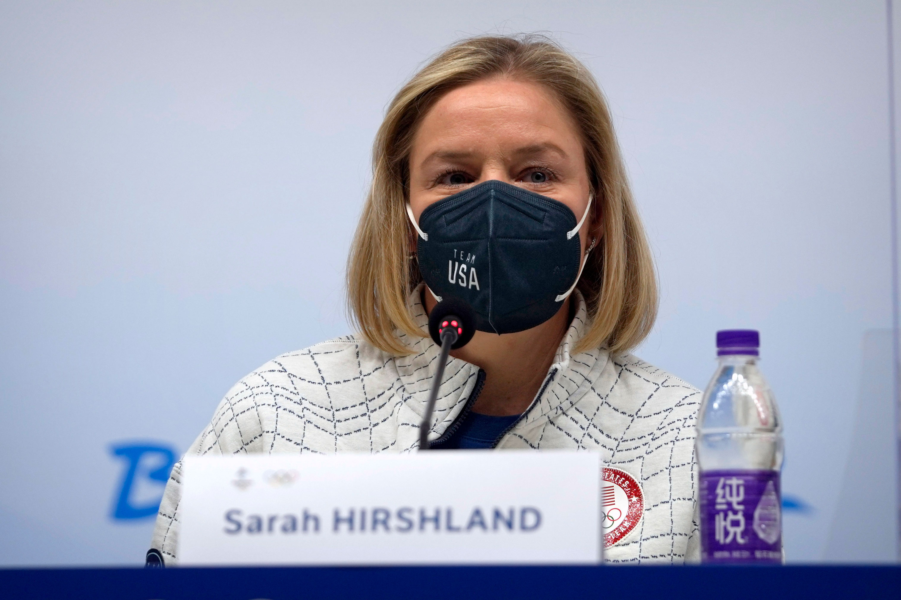 United States Olympic and Paralympic Committee CEO Sarah Hirshland speaks during a press conference at the 2022 Winter Olympics on Feb. 4.