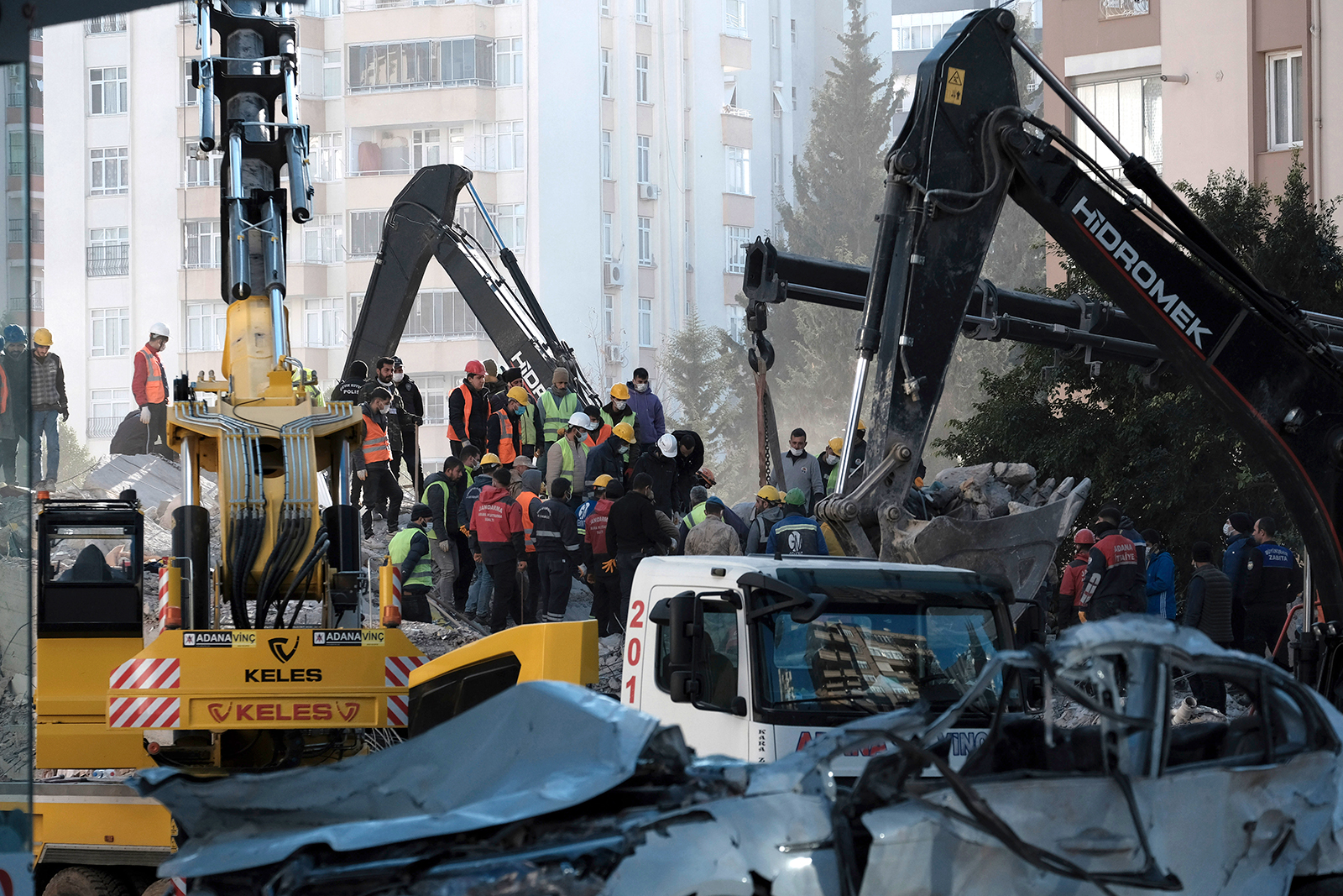 Rescue operations are conducted in Adana, in south-central Turkey on February 8.