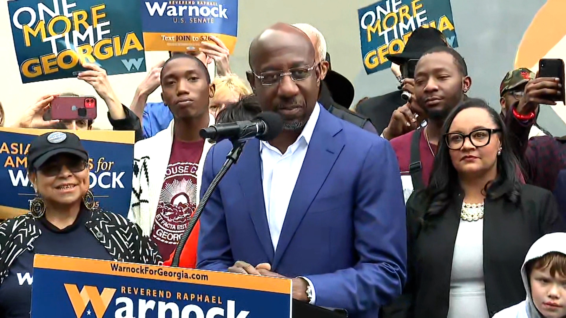 US Sen. Raphael Warnock speaks to supporters on Thursday.