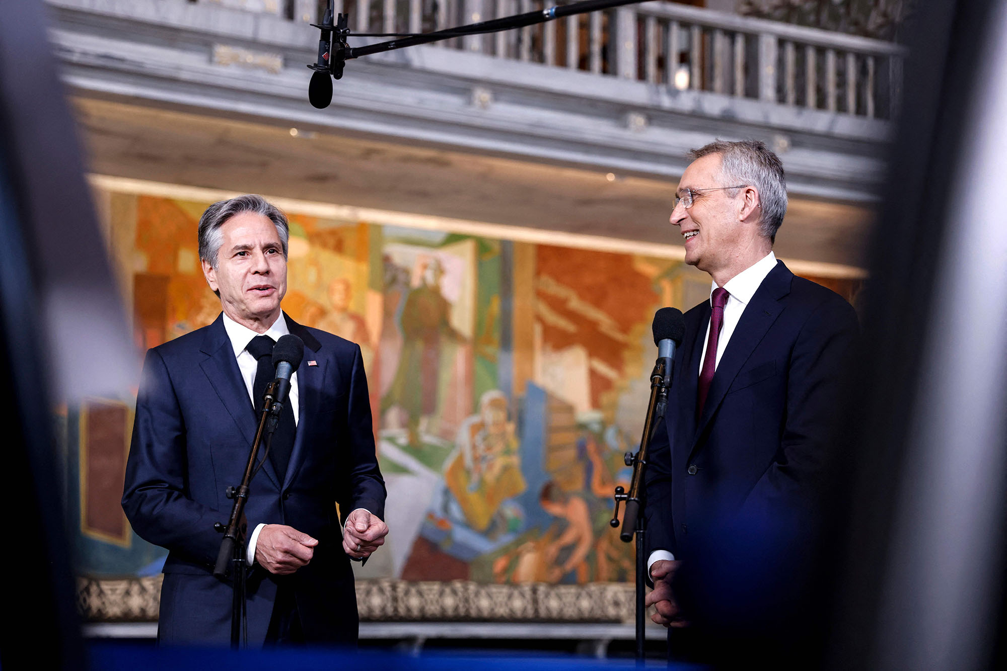 US Secretary of State Antony Blinken, left, and NATO Secretary General Jens Stoltenberg give a doorstep statement during an informal meeting of NATO Foreign Affairs Ministers at The Oslo City Hall in Oslo, Norway on June 1.