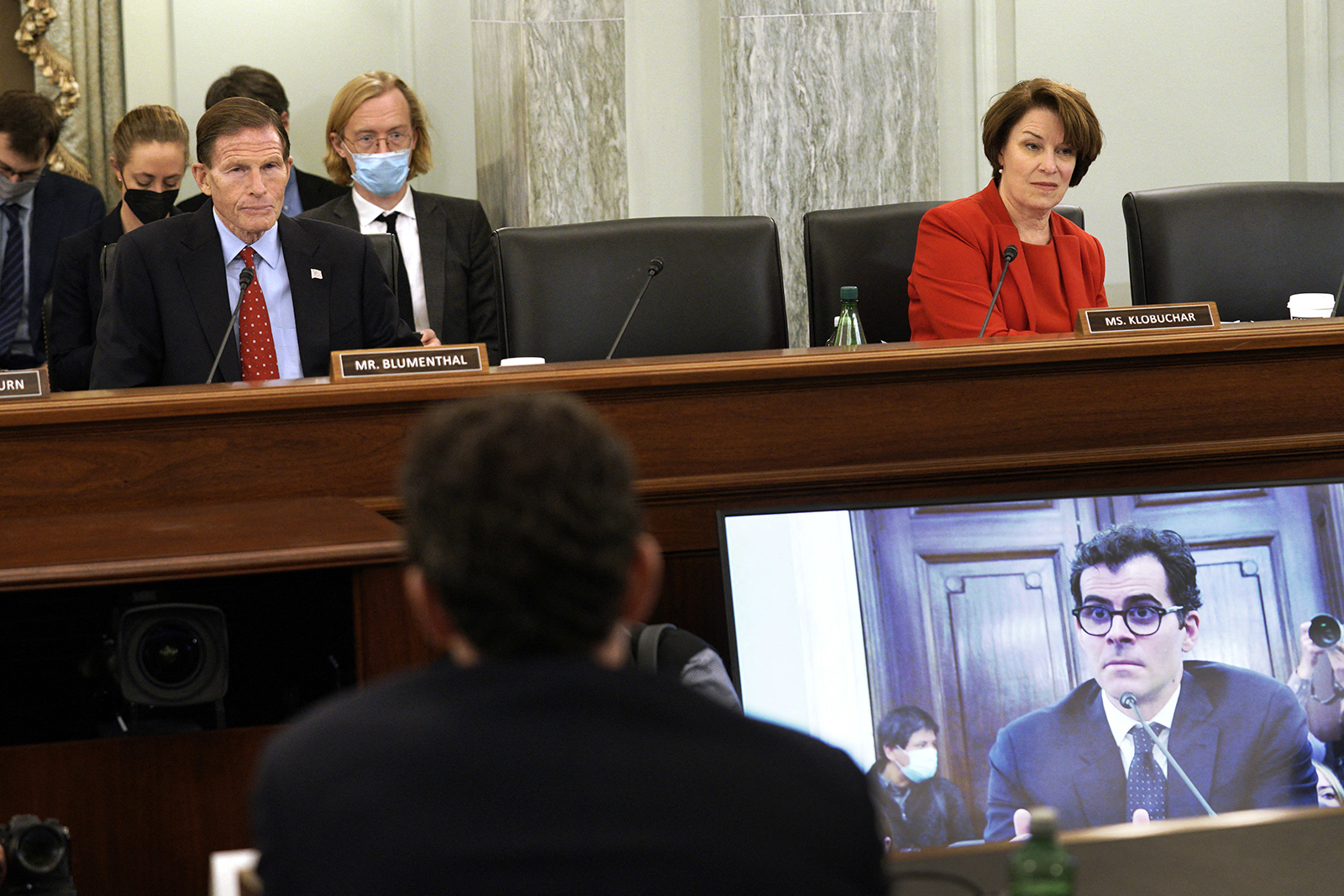 Senators Blumenthal and Klobuchar listen as head of Instagram Adam Mosseri testifies before a Senate Commerce, Science and Transportation Committee Consumer Protection, Product Safety, and Data Security Subcommittee hearing on Protecting Kids Online on Capitol Hill in Washington on December 8, 2021. 