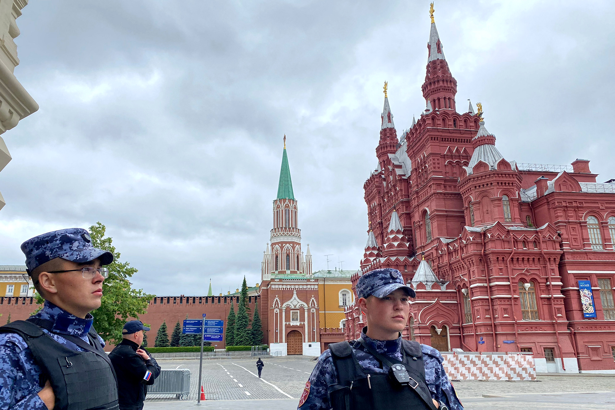 Russian National Guard officers patrol outside the Kremlin in Moscow on June 24. 