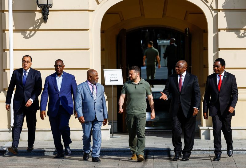 From left, Egyptian Prime Minister Mostafa Madbouly, Senegalese President Macky Sall, President of the Union of Comoros Azali Assoumani, Ukrainian President Volodymyr Zelensky, South African President Cyril Ramaphosa and Zambian President Hakainde Hichilema walk to a joint news conference in Kyiv on June 16.