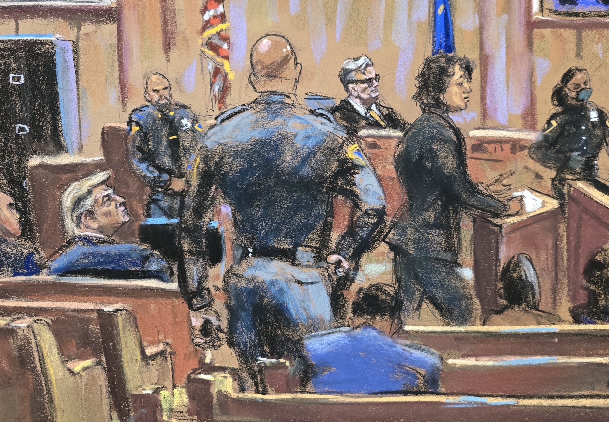 In this courtroom sketch, Judge Juan Merchan presides as prosecutor Susan Hoffinger stands at the podium while former President Donald Trump sits during jury selection of his criminal trial.