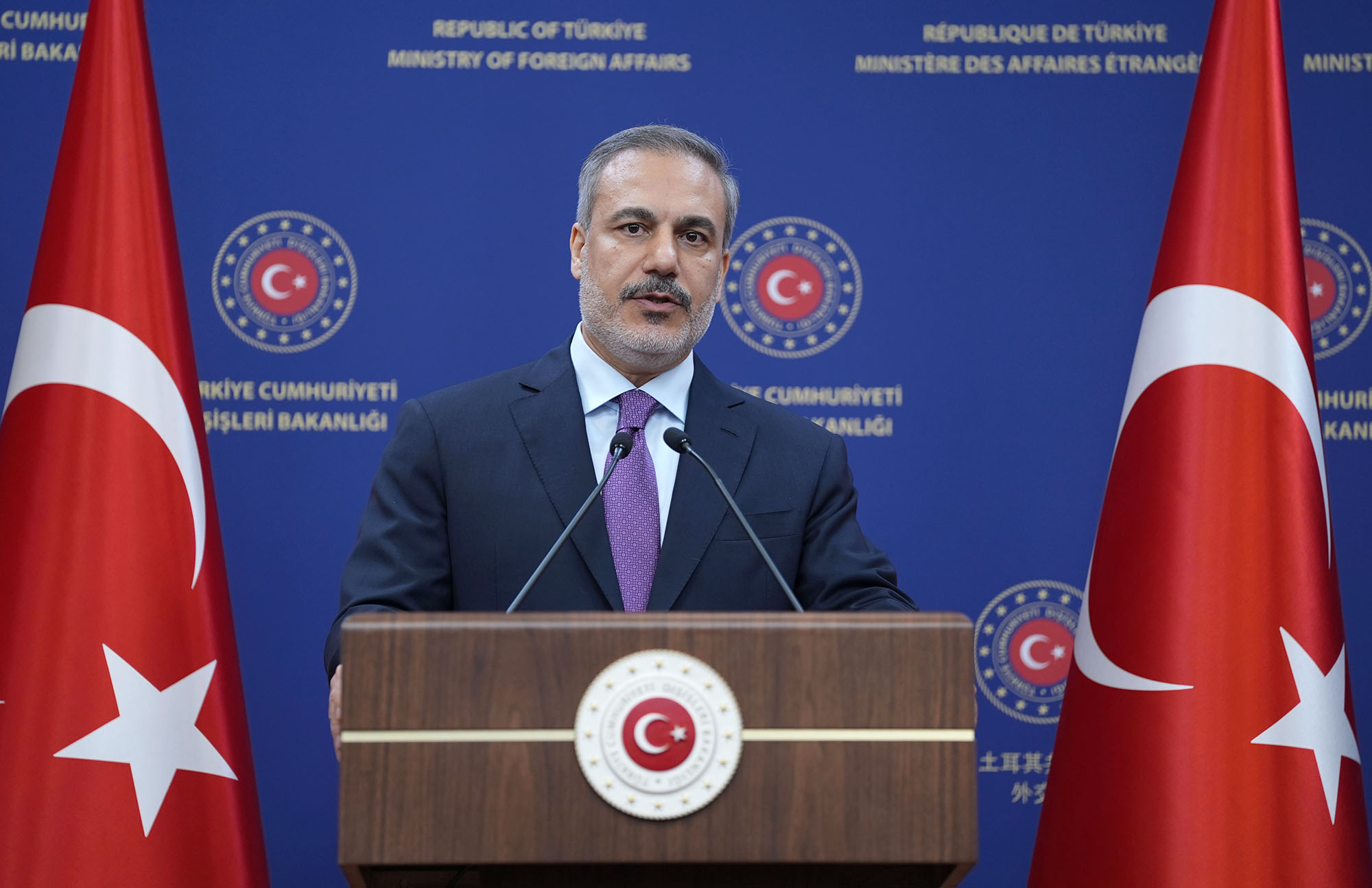 Turkish Foreign Minister Hakan Fidan holds a press conference at ministry building in Ankara, Turkey, on April 8.