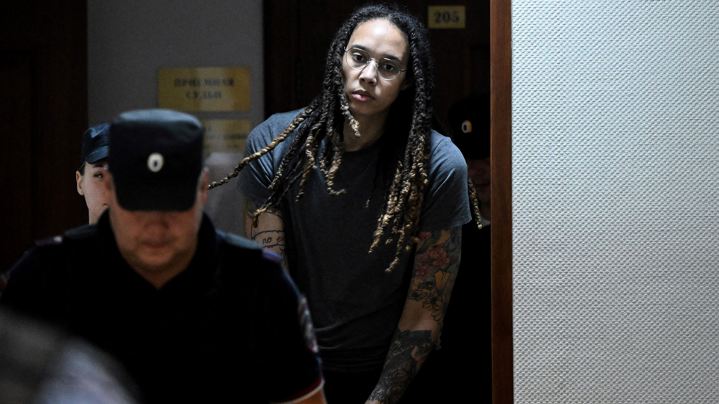 Brittney Griner is escorted to the courtroom to hear the court's final decision in Khimki, Russia, on August 4. 