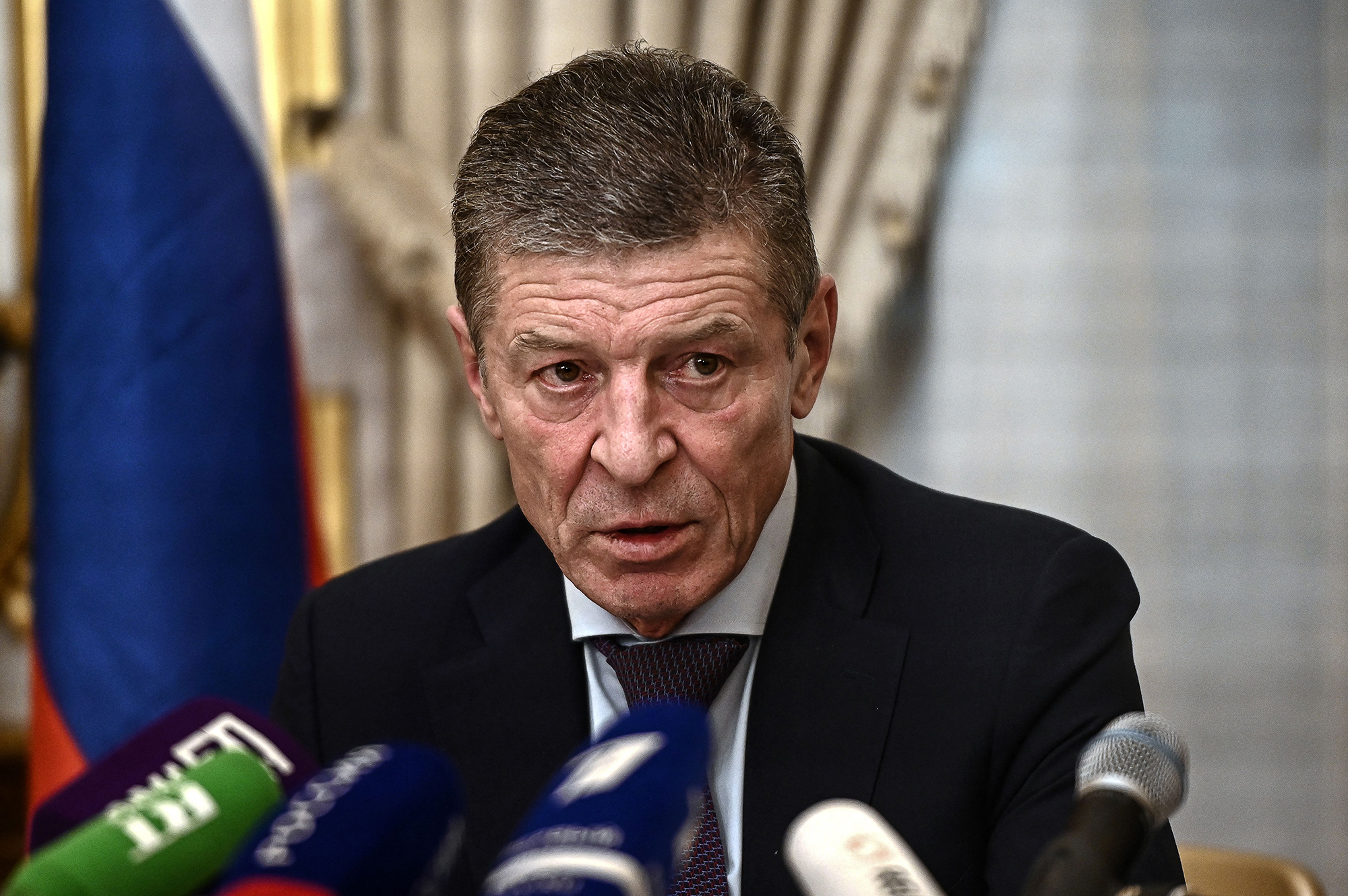 Kremlin's deputy chief of staff Dmitry Kozak gives a press conference at the Russian Ambassador's residence in Paris, France, on January 26. 