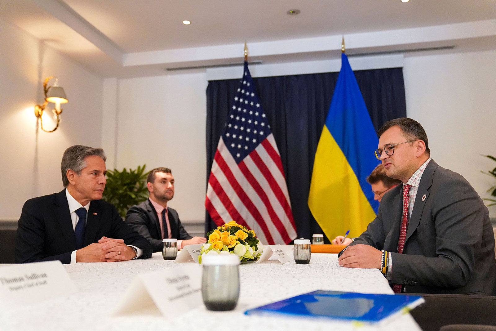 US Secretary of State Antony Blinken, left, meets Ukraine's Foreign Minister Dmytro Kuleba, right, on November 12.