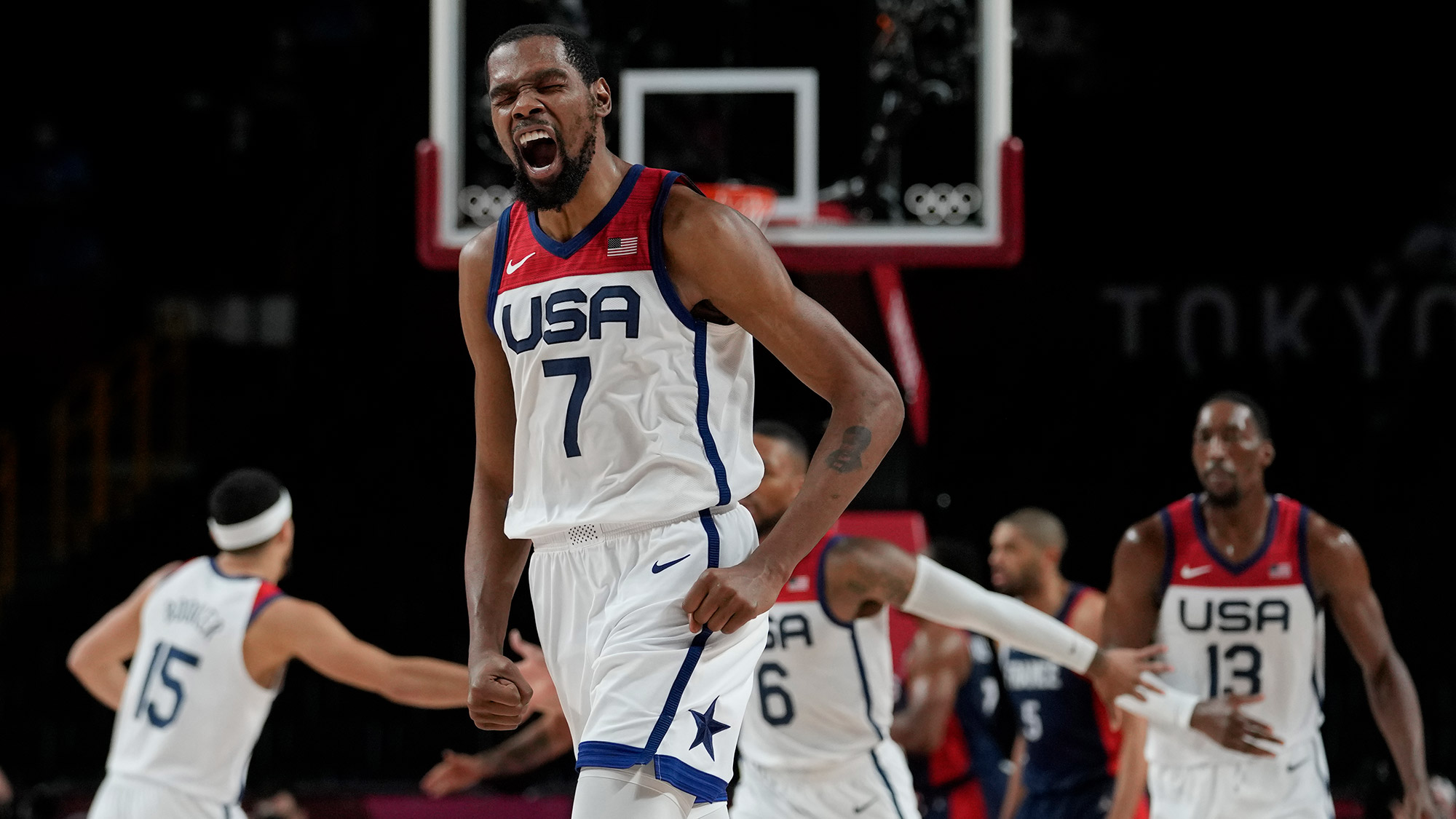United States' Kevin Durant celebrates after a score during basketball gold medal game against France on Saturday.
