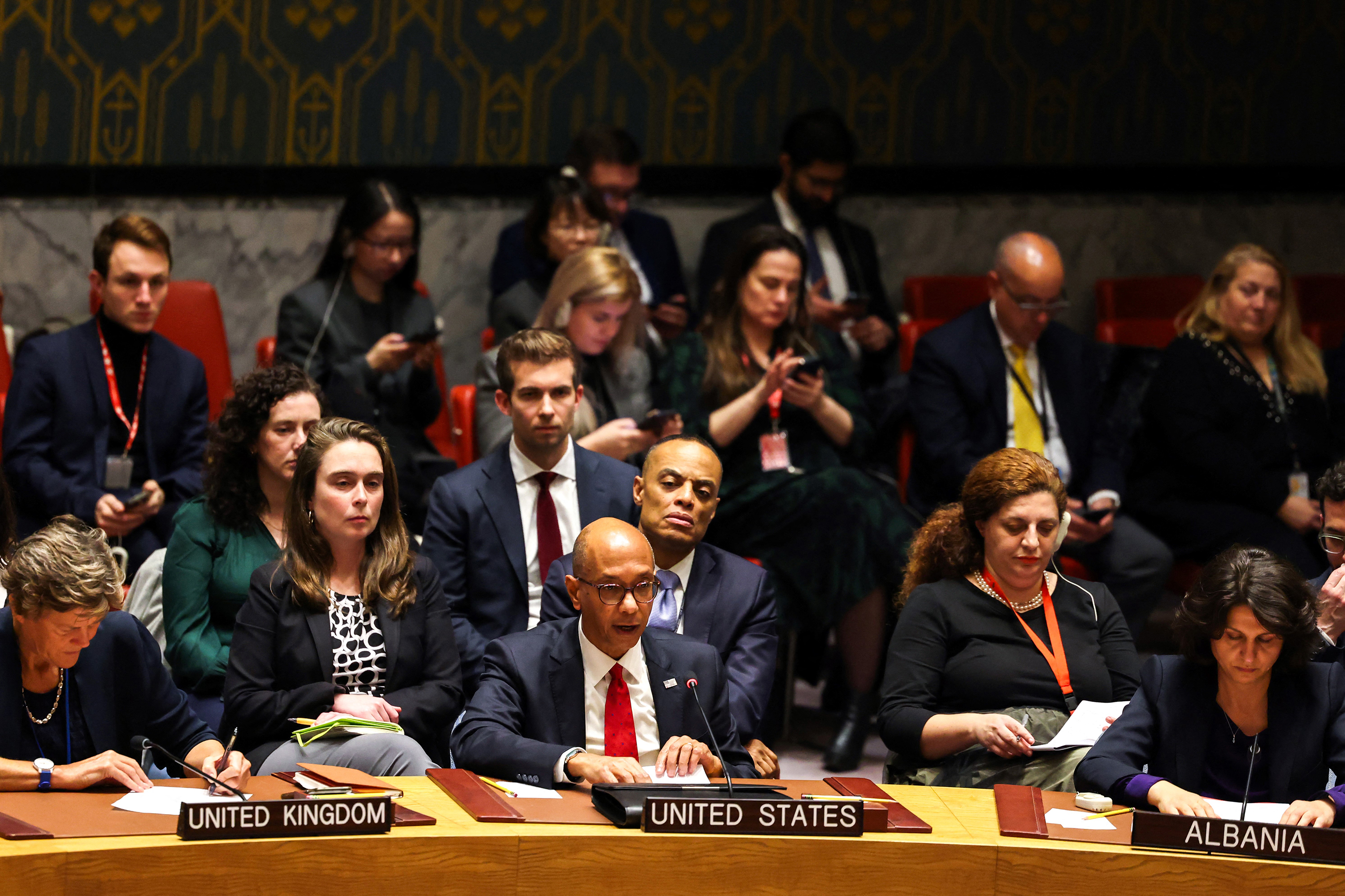 US Deputy Ambassador to the UN Robert Wood speaks during a United Nations Security Council after the vote about a ceasefire in Gaza at UN headquarters in New York on December 8.